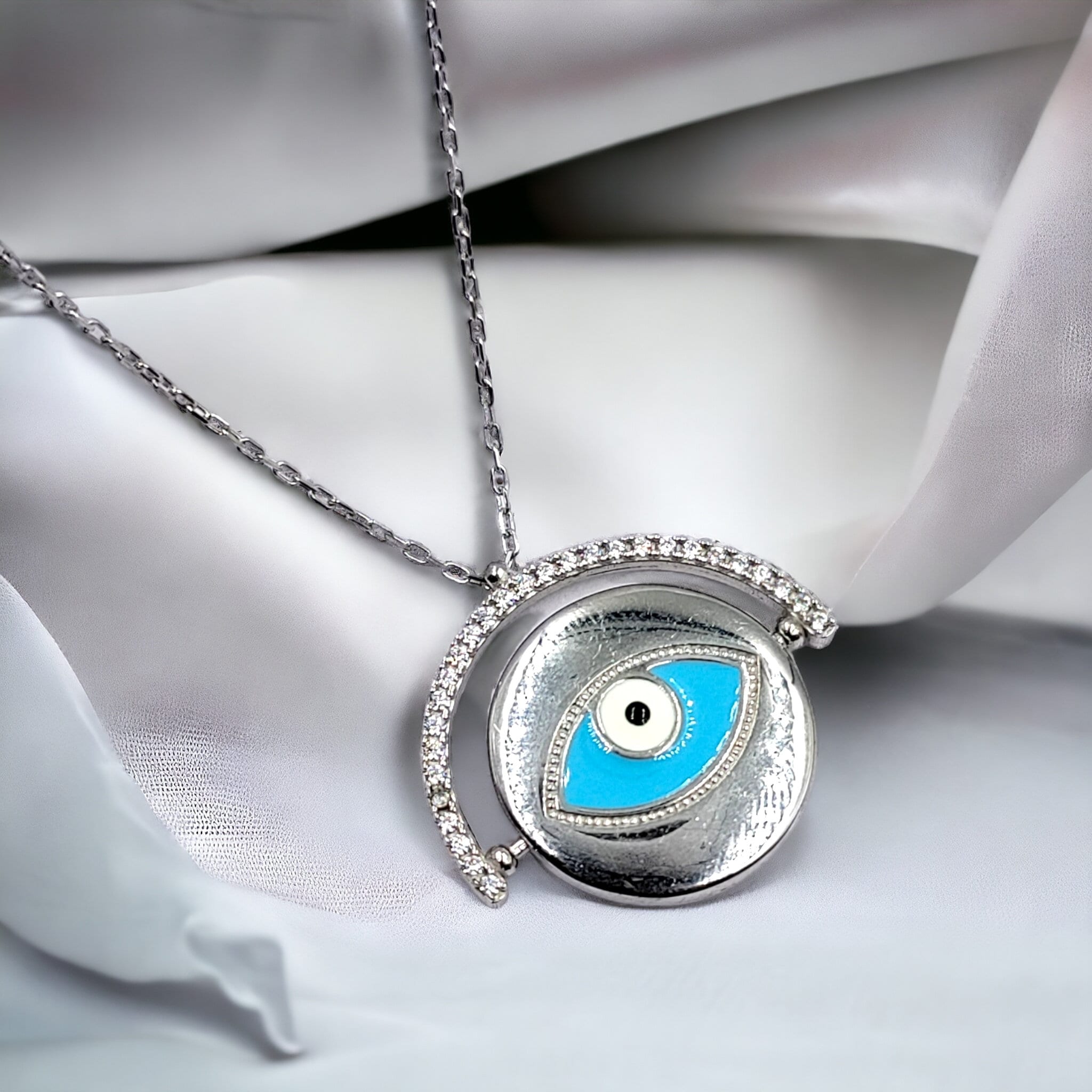 925 Sterling Silver Cubic Zirconia Rotatating Dual Side Wearable Evil Eye Pendant Chain for Women Minimalist Handmade Protective Gift