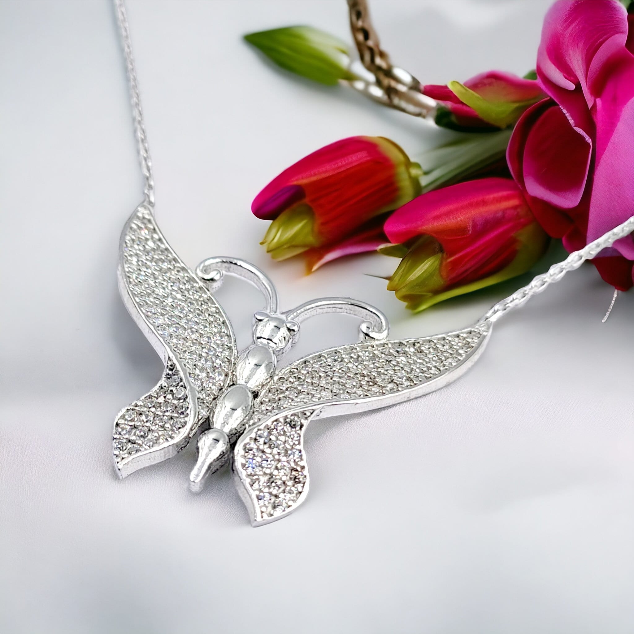 925 Sterling Silver Sparkling White Cubic Zirconia Large  Butterfly Pendant Amazing Necklace Stylish Minimalist Handmade Gift