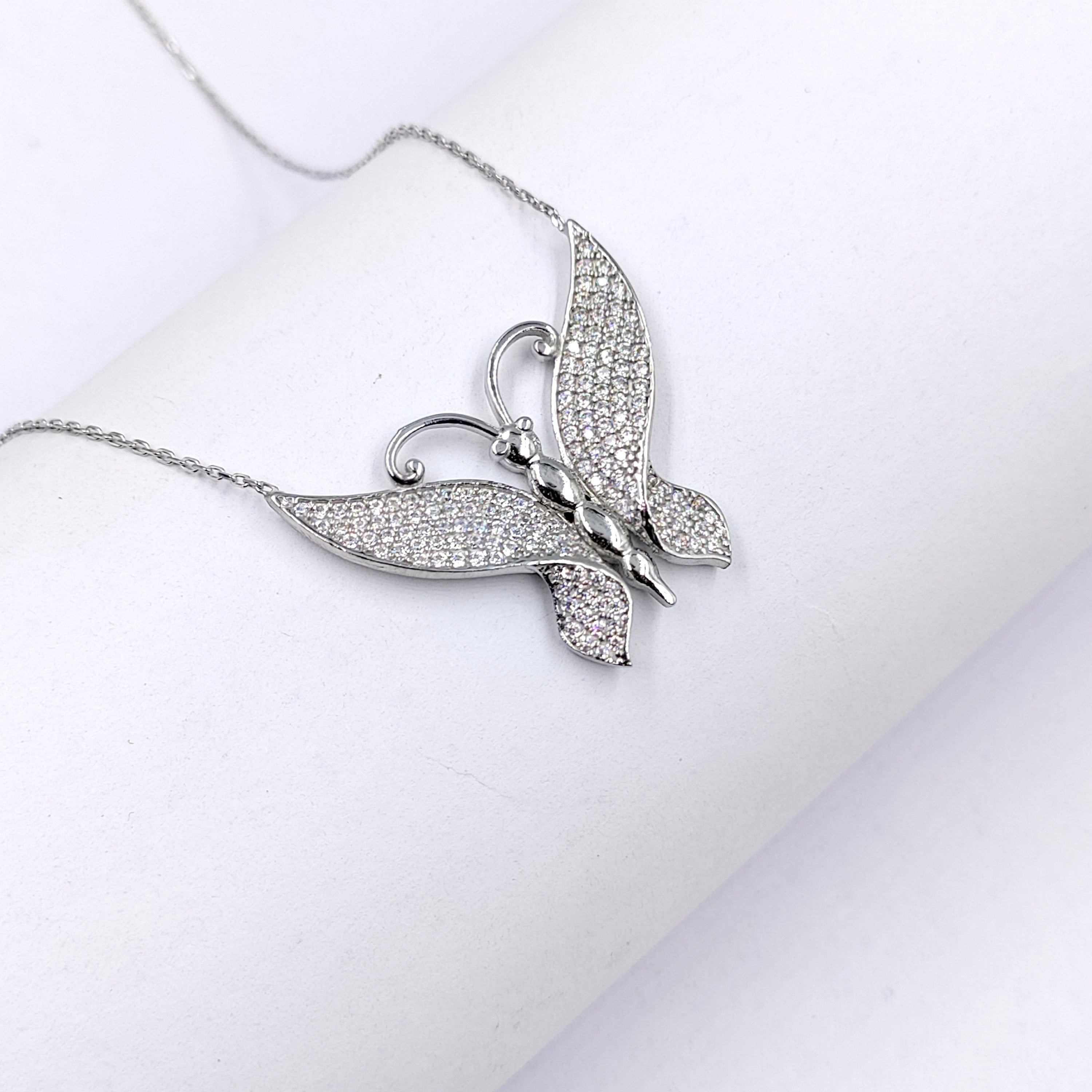 925 Sterling Silver Sparkling White Cubic Zirconia Large  Butterfly Pendant Amazing Necklace Stylish Minimalist Handmade Gift