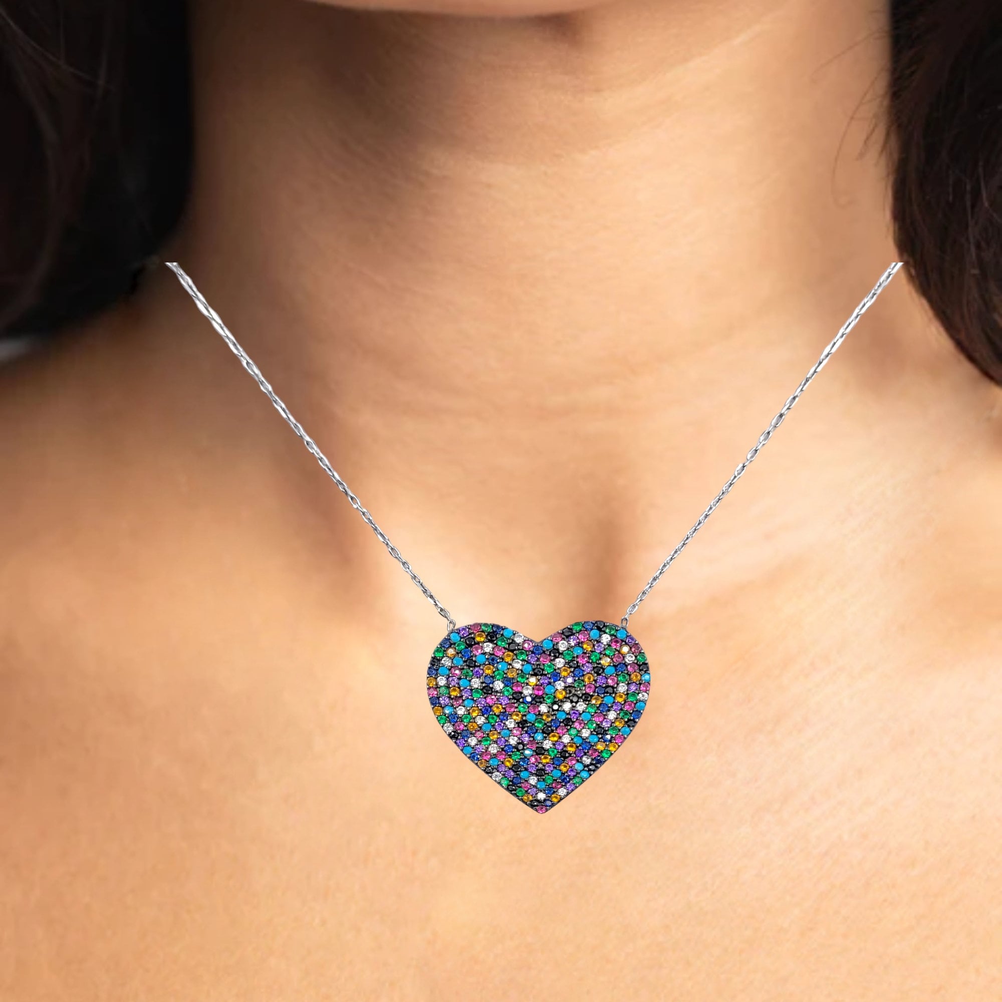 Multicolor Cubic Zirconia Big Classic Heart Pendant Chain Unisex 925 Sterling Silver Minimalist Handmade Gift for lover,Girlfriend,Wife