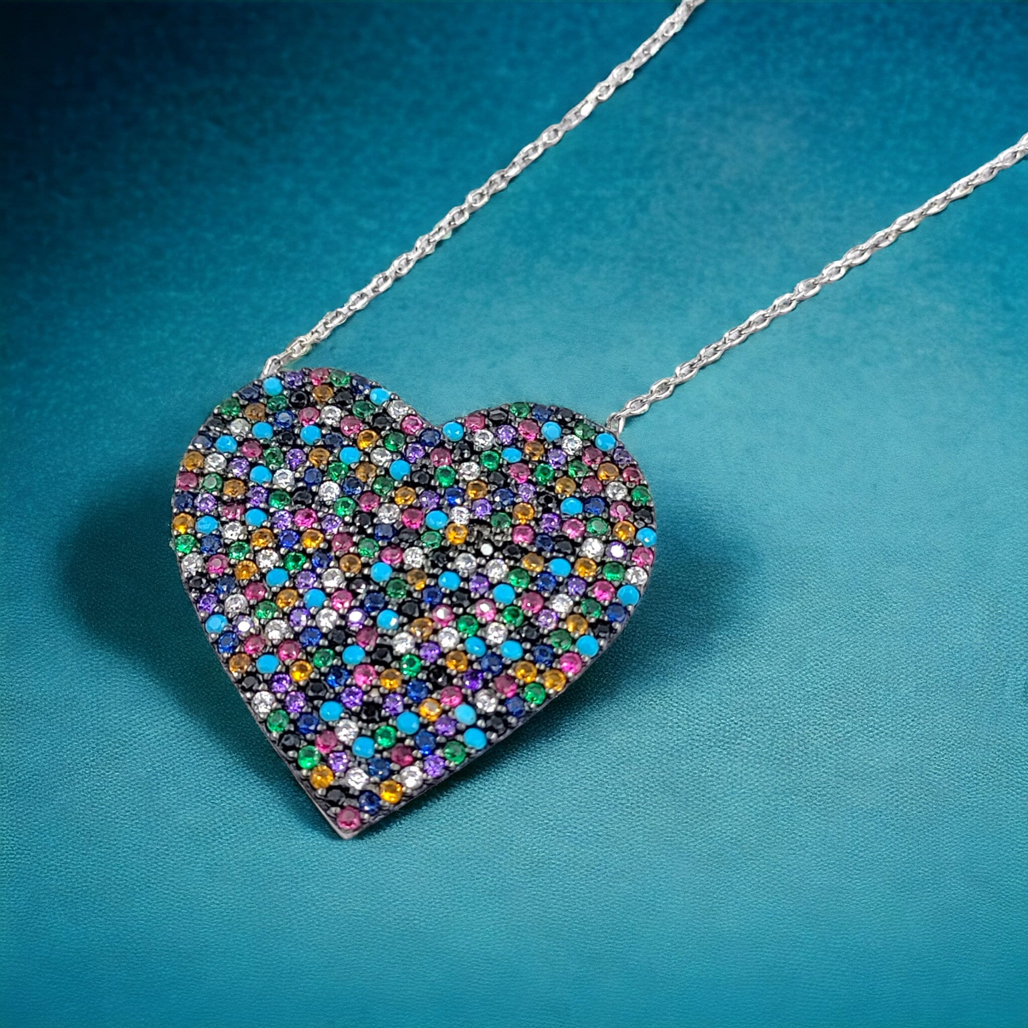 Multicolor Cubic Zirconia Big Classic Heart Pendant Chain Unisex 925 Sterling Silver Minimalist Handmade Gift for lover,Girlfriend,Wife