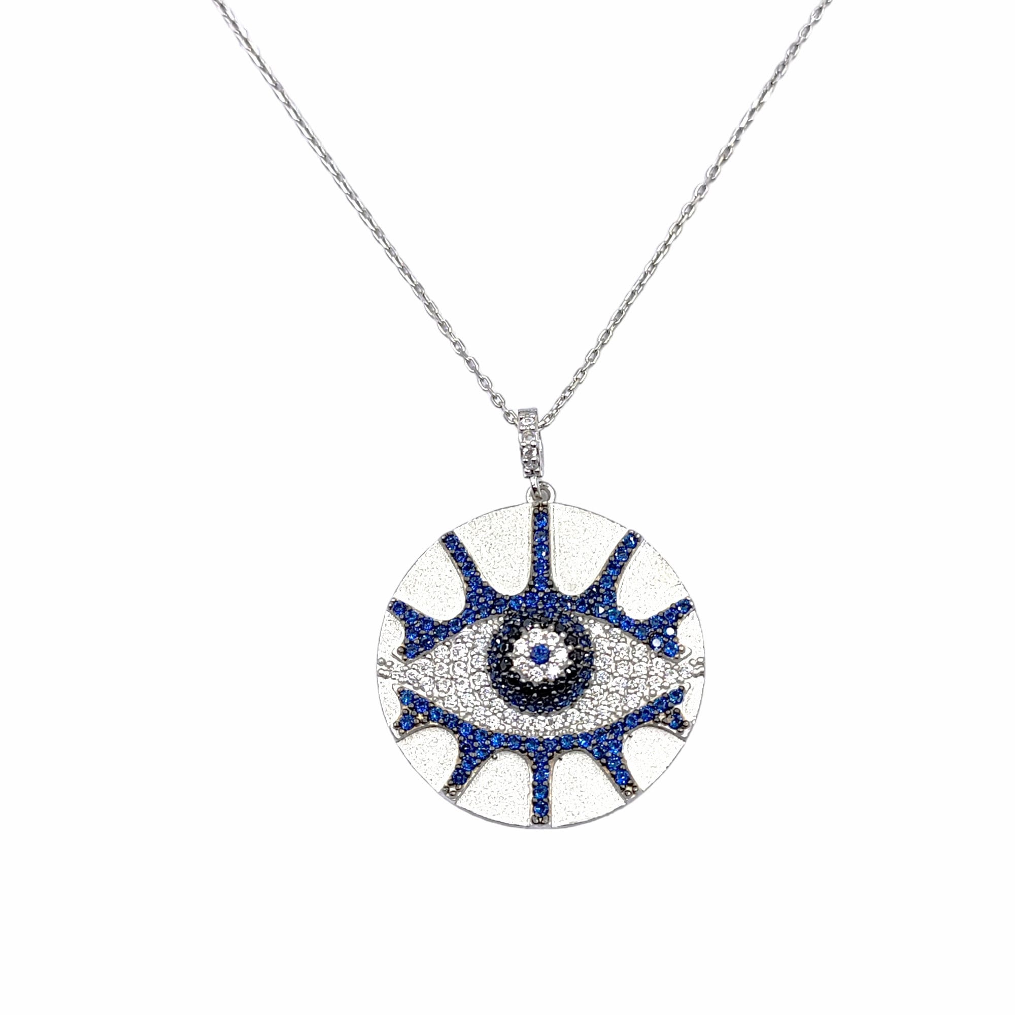 Sparkling Shiny Round Big Blue Silver Evil Eye Necklace Pendant Chain for Women Minimalist Handmade Gift for Protection