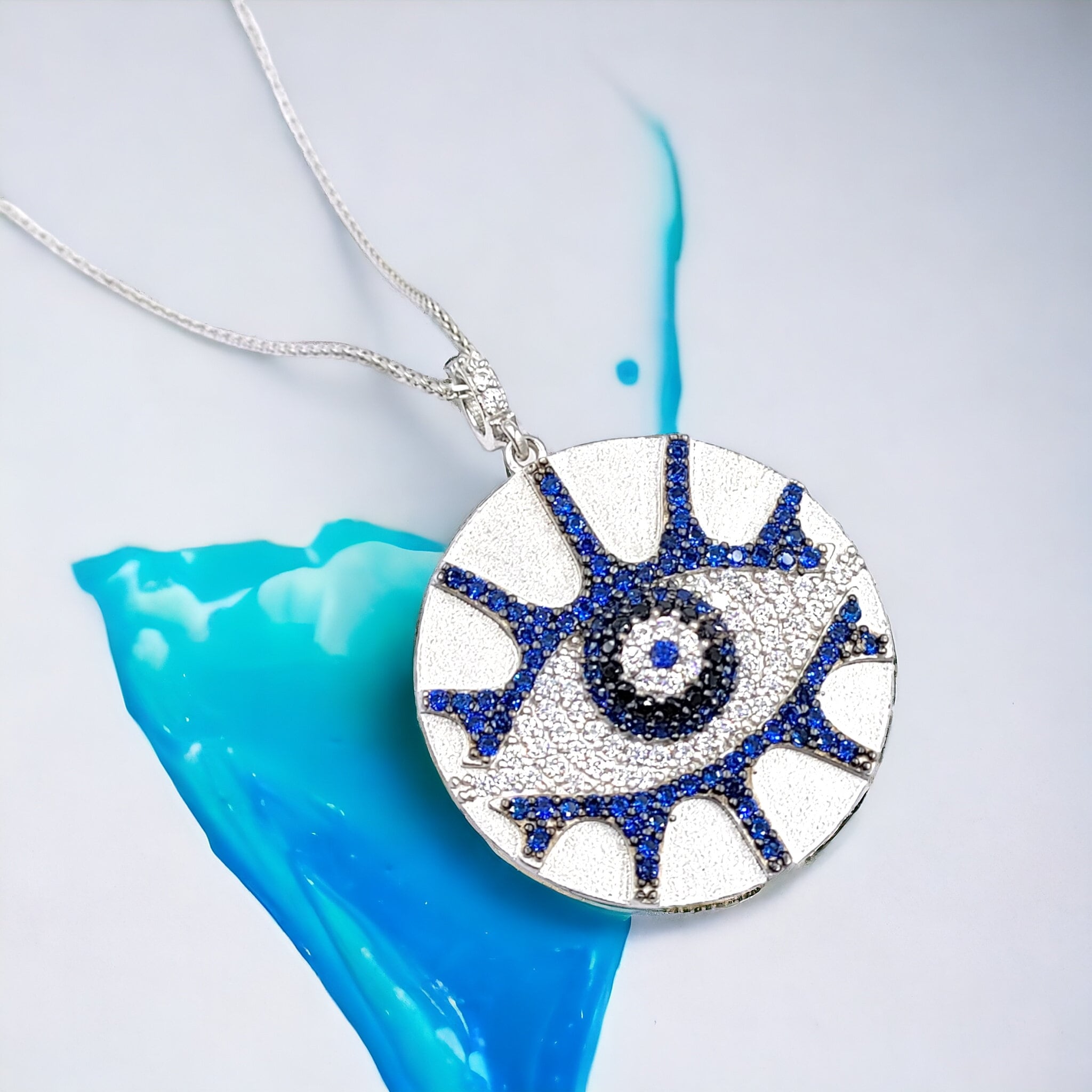Sparkling Shiny Round Big Blue Silver Evil Eye Necklace Pendant Chain for Women Minimalist Handmade Gift for Protection