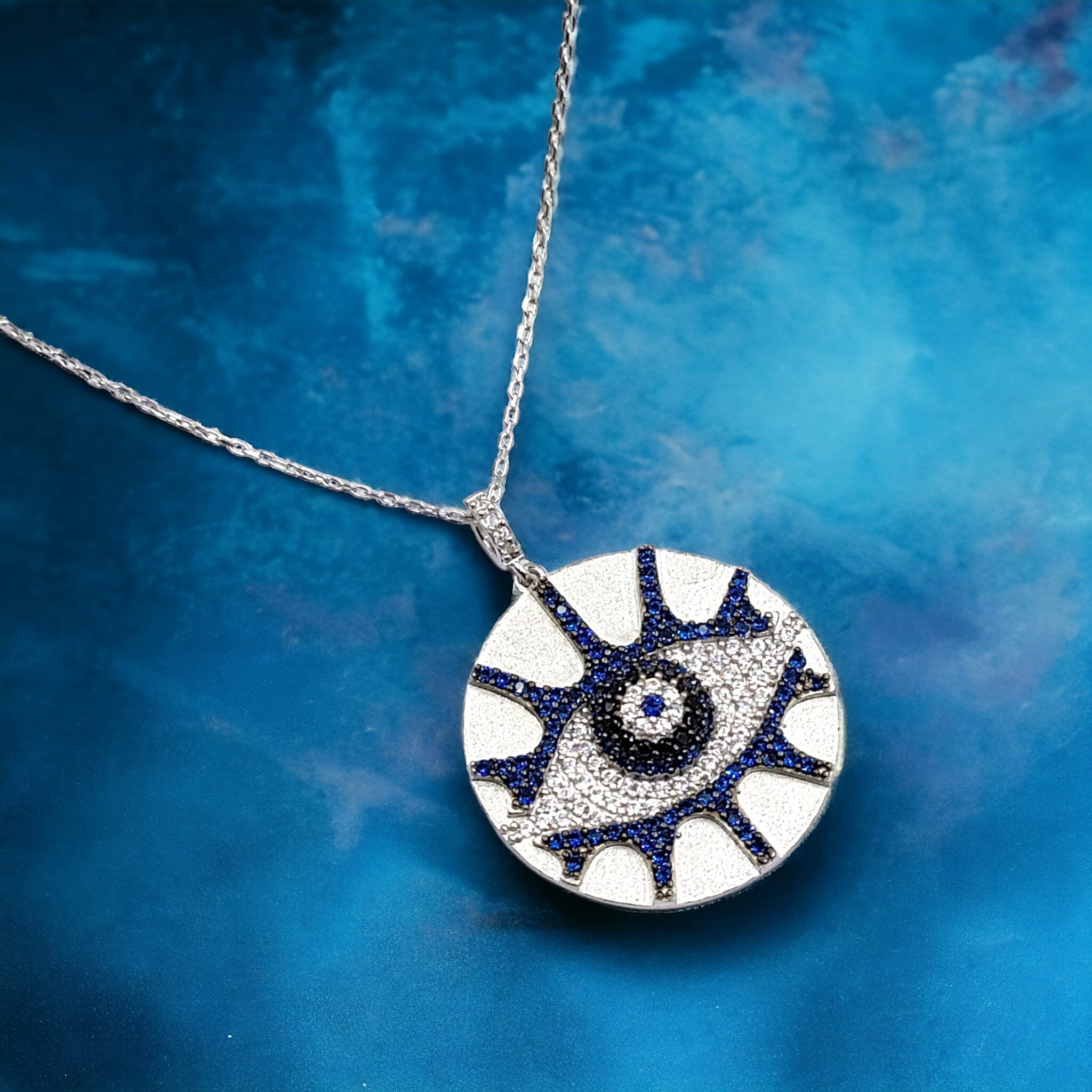 Sparkling Shiny Round Big Blue Silver Evil Eye Necklace Pendant Chain for Women Minimalist Handmade Gift for Protection