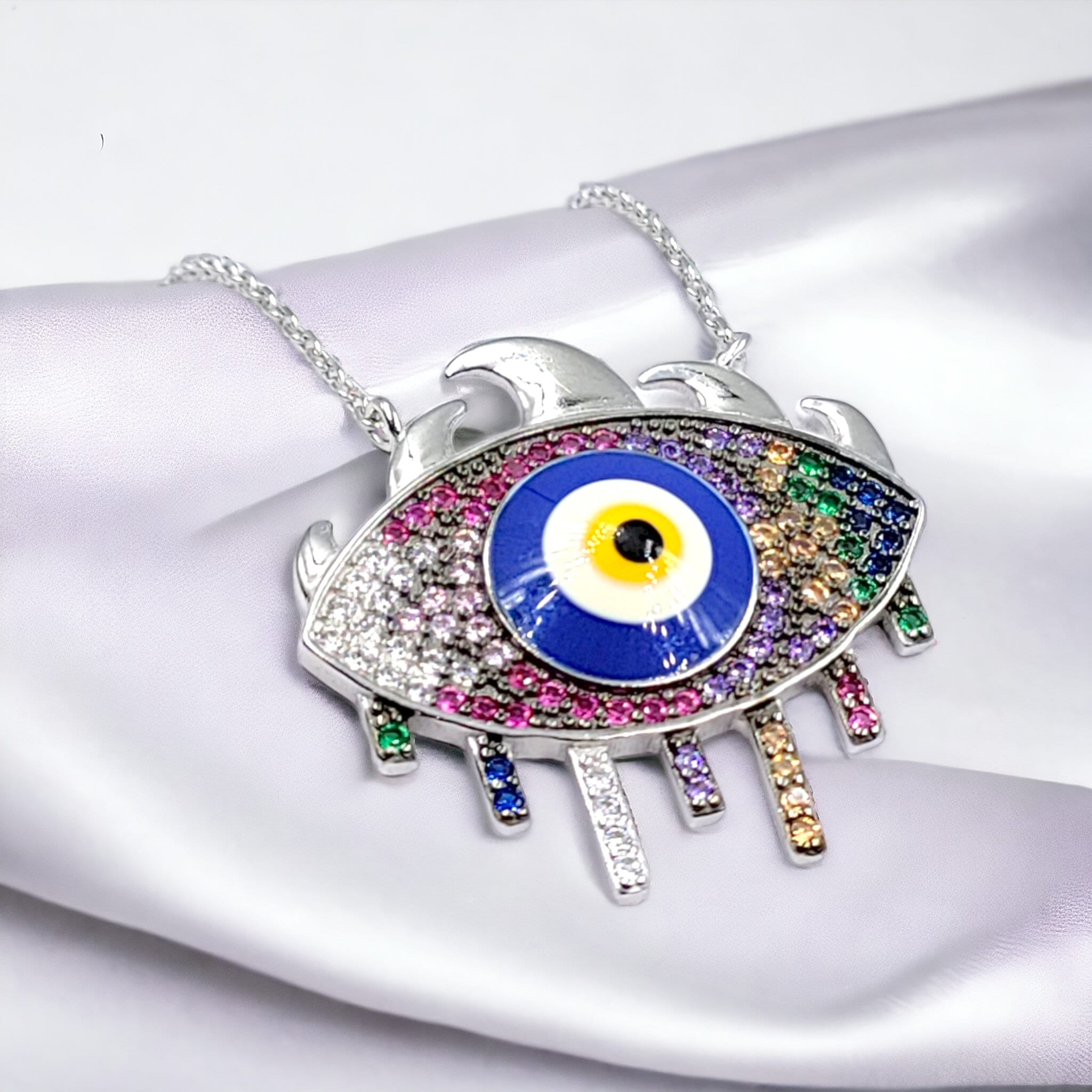 Stylish Unique Round Big Blue Silver Evil Eye Necklace Mulicolor CZ Pendant Chain for Women Minimalist Handmade Gift for Good Luck