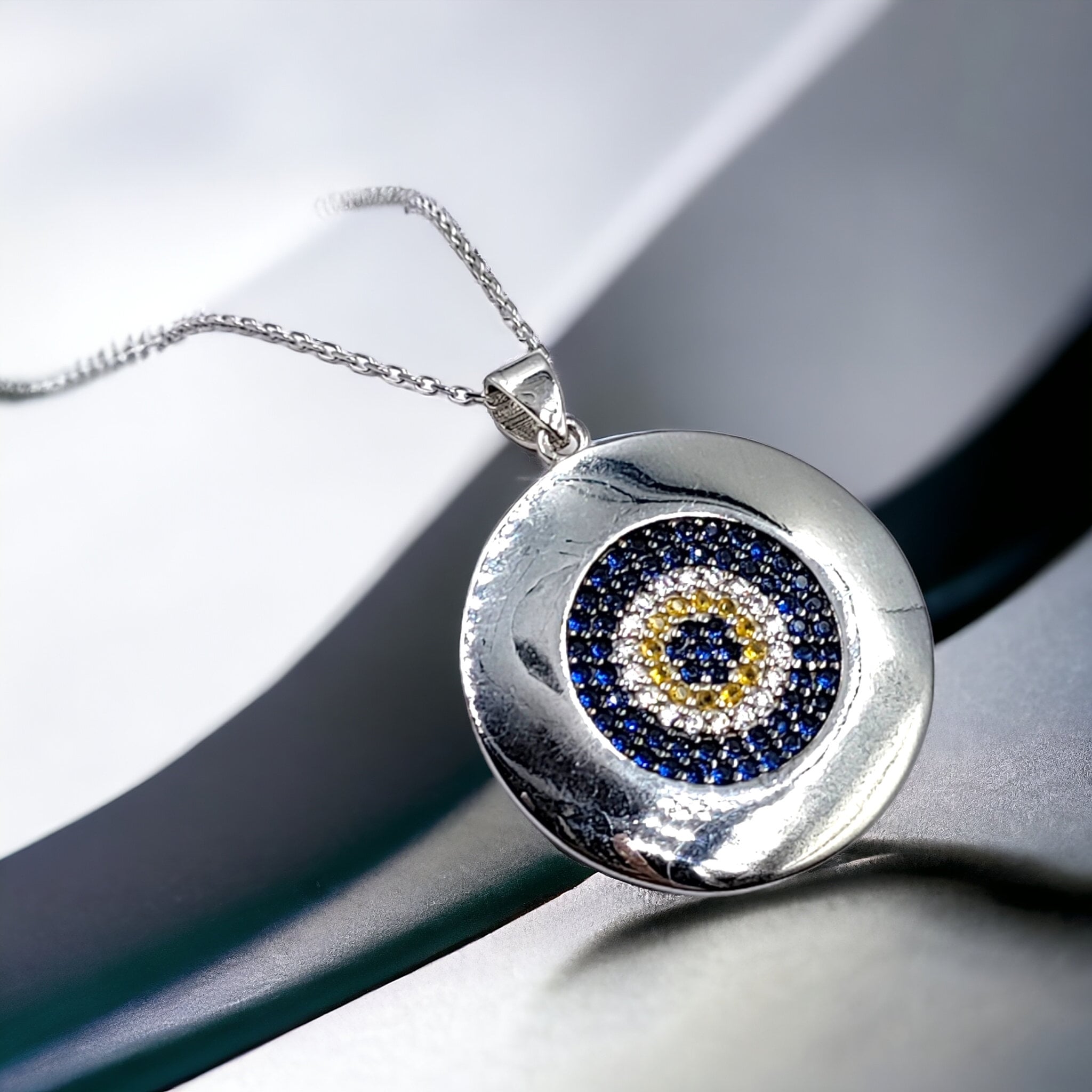 925 Solid Silver CZ Evil Eye Round Pendant Chain Necklace for Women Minimalist Handmade Gift for Good Luck Boho Jewellery