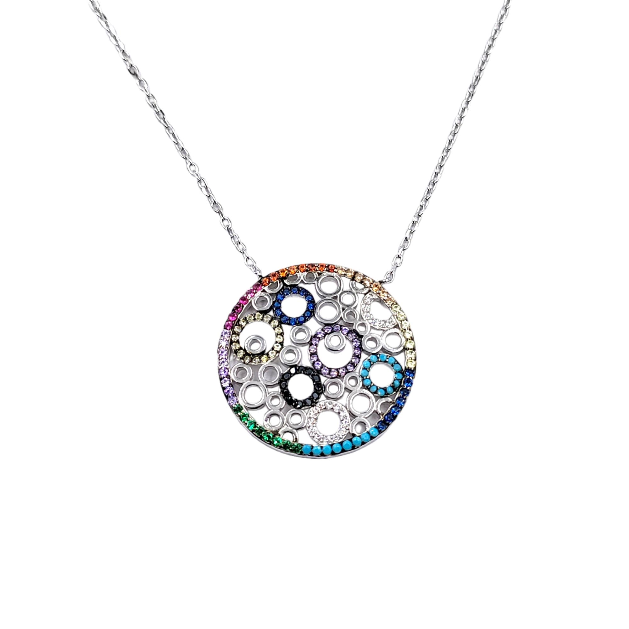 925 Solid Silver and Multi color Cubic Zirconia Circles Pendant Chain Set Unique Minimalist Handmade Gift for her/him