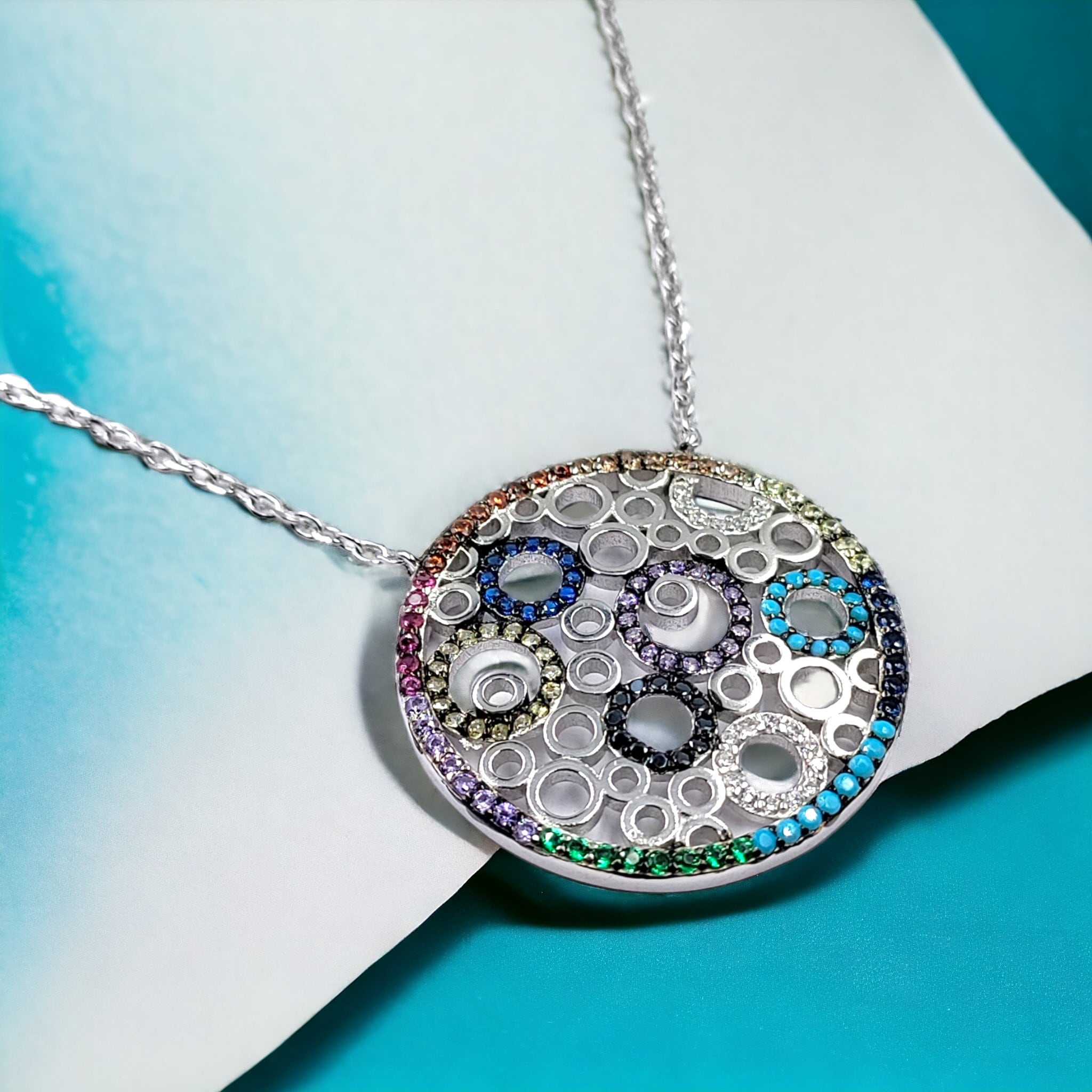 925 Solid Silver and Multi color Cubic Zirconia Circles Pendant Chain Set Unique Minimalist Handmade Gift for her/him