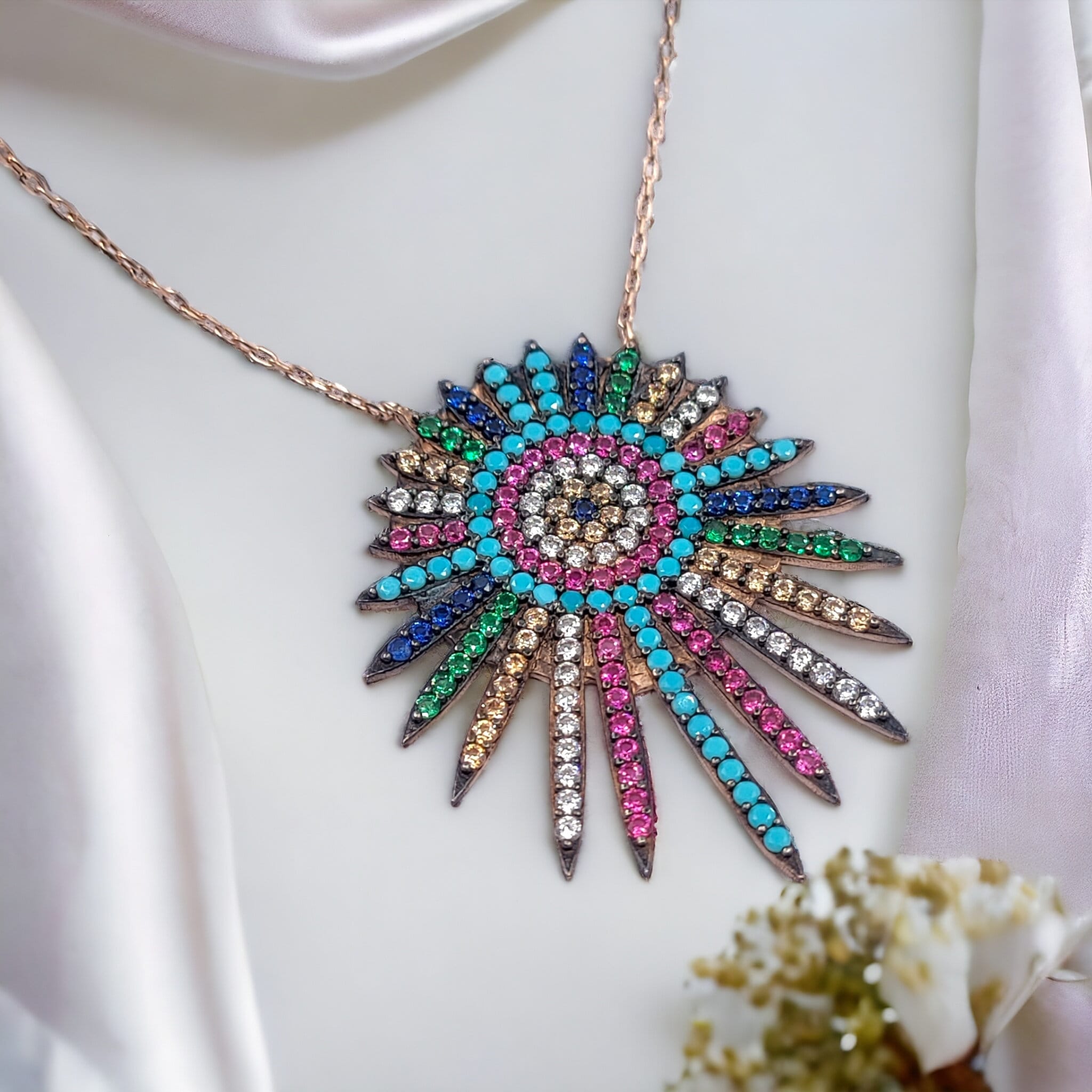 925 Sterling Silver Cubic Zirconia Sun Shaped Multicolor Silver Evil Eye Pendant Chain Set for Women Minimalist Handmade Gift for Protection