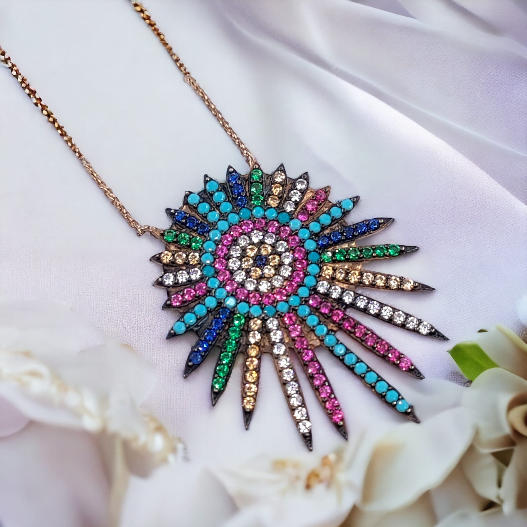 925 Sterling Silver Cubic Zirconia Sun Shaped Multicolor Silver Evil Eye Pendant Chain Set for Women Minimalist Handmade Gift for Protection