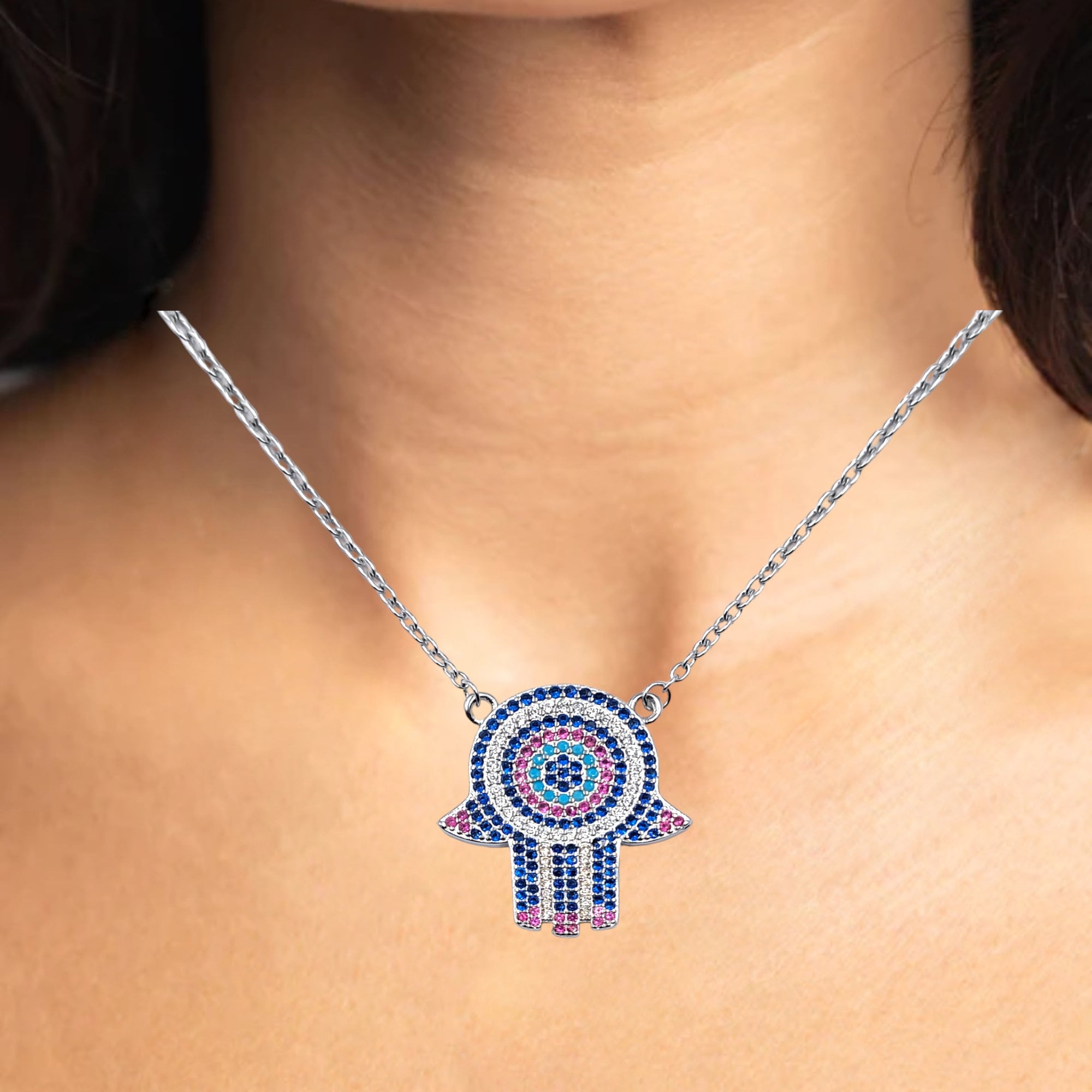 Good Luck Gift Evil Eye Spiritual Symbol Hamsa Hand Pendant and chain set 925 Solid Silver CZ Evil Eye Necklace Handmade Gift Boho Jewelry