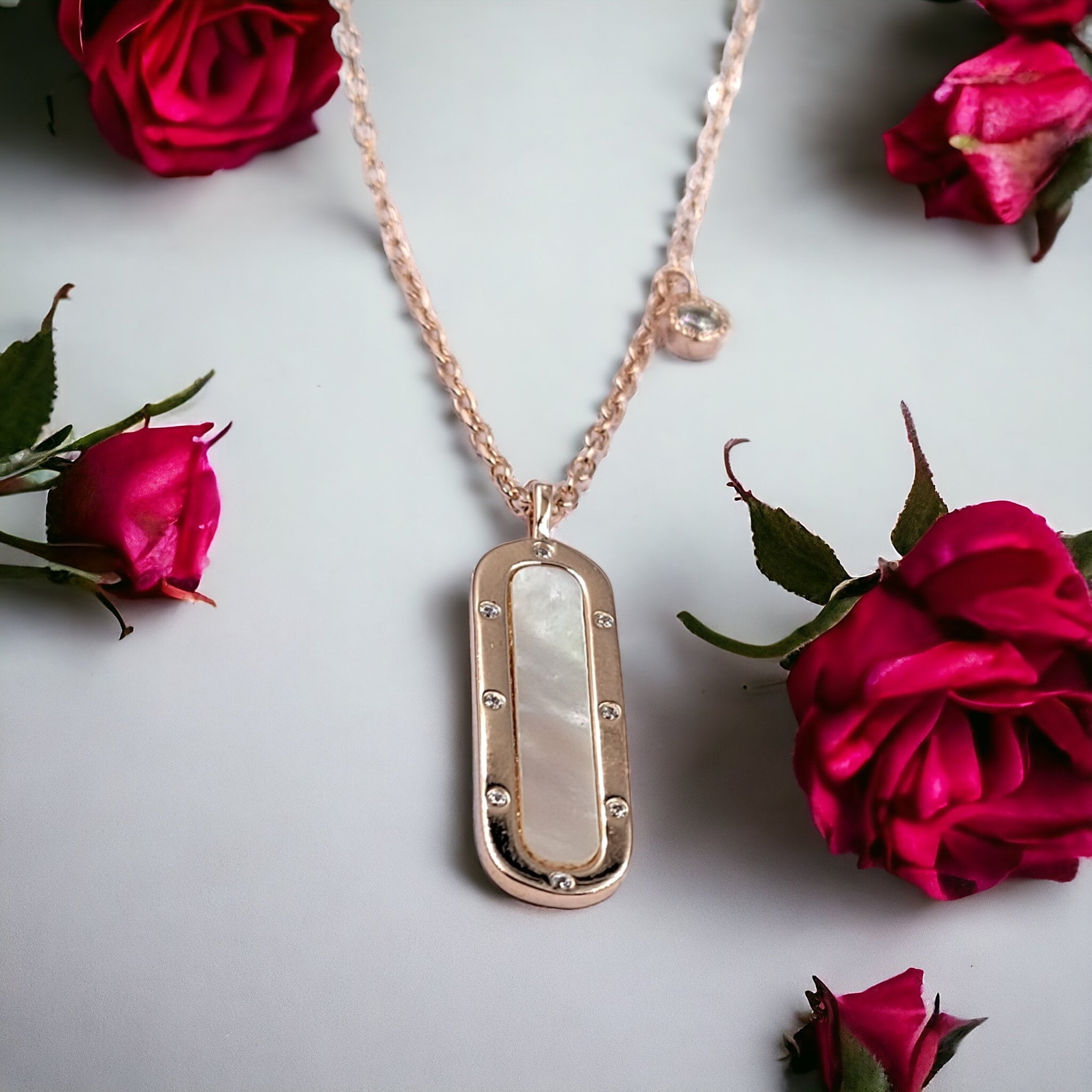 925 Sterling Silver Oval Shaped Rose gold plated Pendant with CZ Necklace set Lovely Minimalist Handmade Gift for Mother,Daughter,Sister