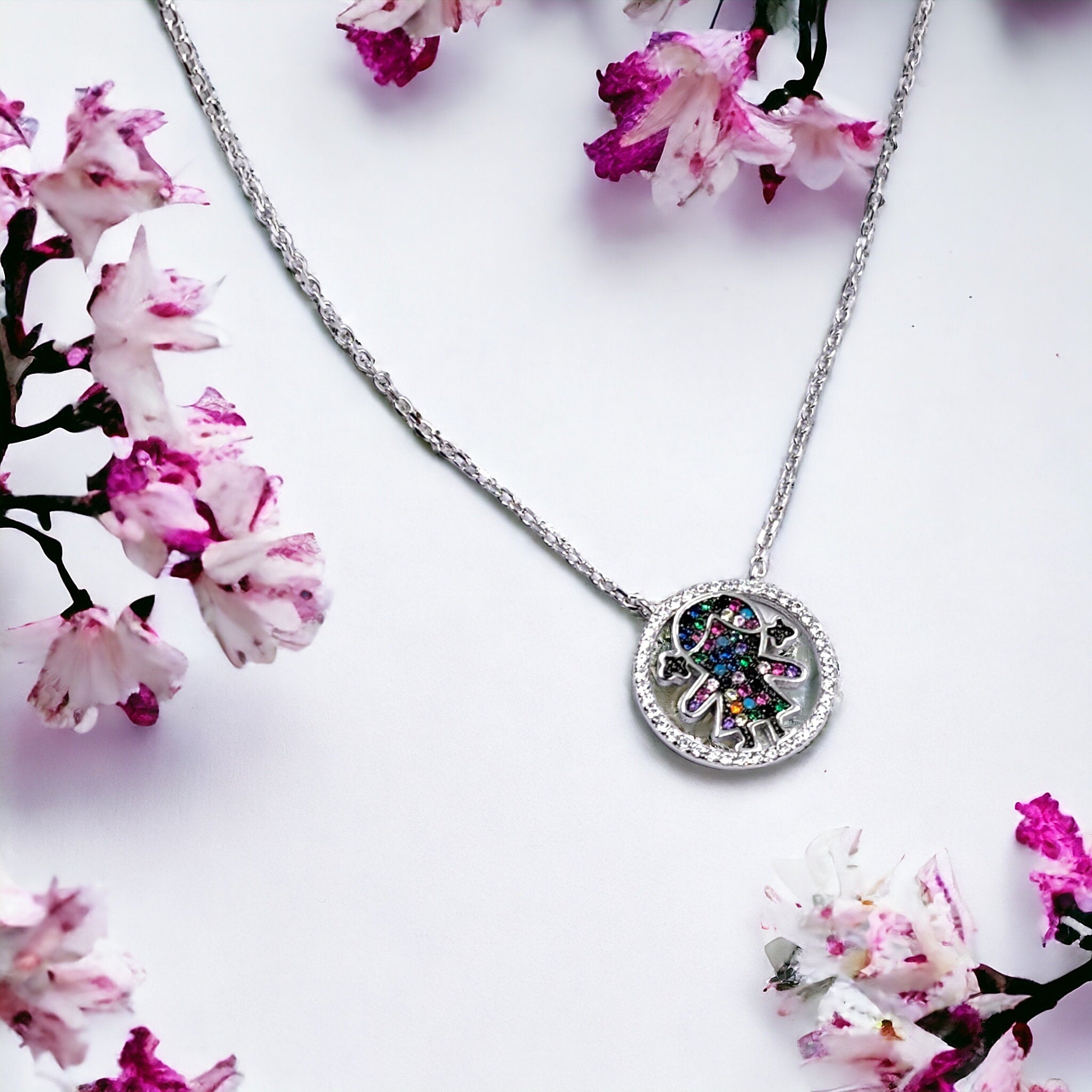 925 Sterling Silver Mutlicolor CZ Doll in the Circle Pendant Necklace Pendant set Lovely Minimalist Handmade Gift for Daughter