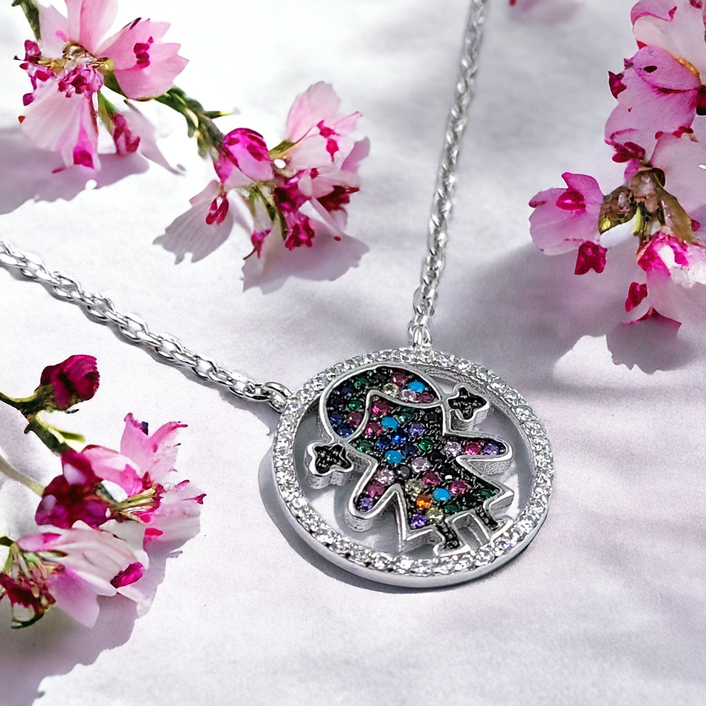 925 Sterling Silver Mutlicolor CZ Doll in the Circle Pendant Necklace Pendant set Lovely Minimalist Handmade Gift for Daughter