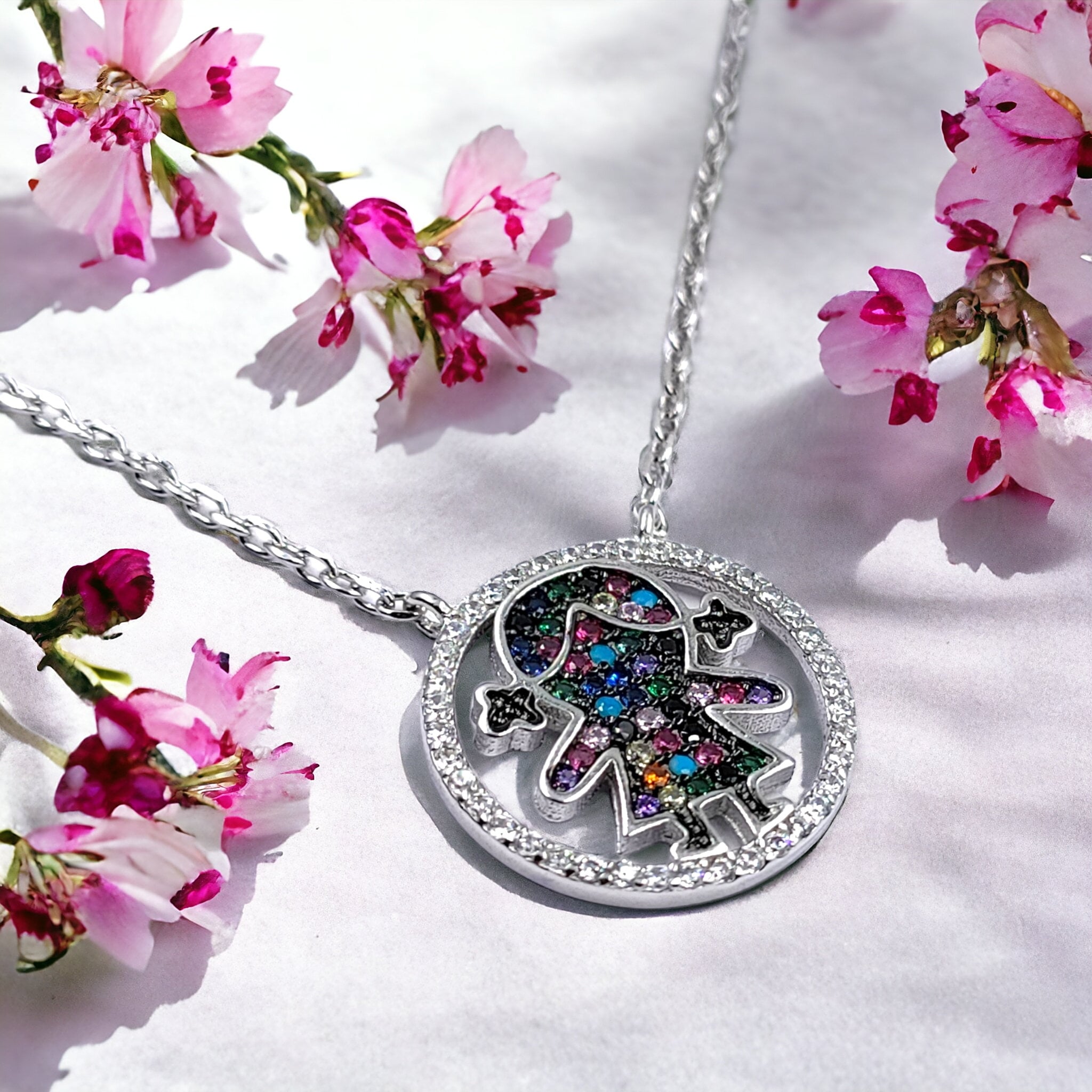 925 Sterling Silver Mutlicolor CZ Doll in the Circle Pendant Necklace Pendant set Lovely Minimalist Handmade Gift for Daughter