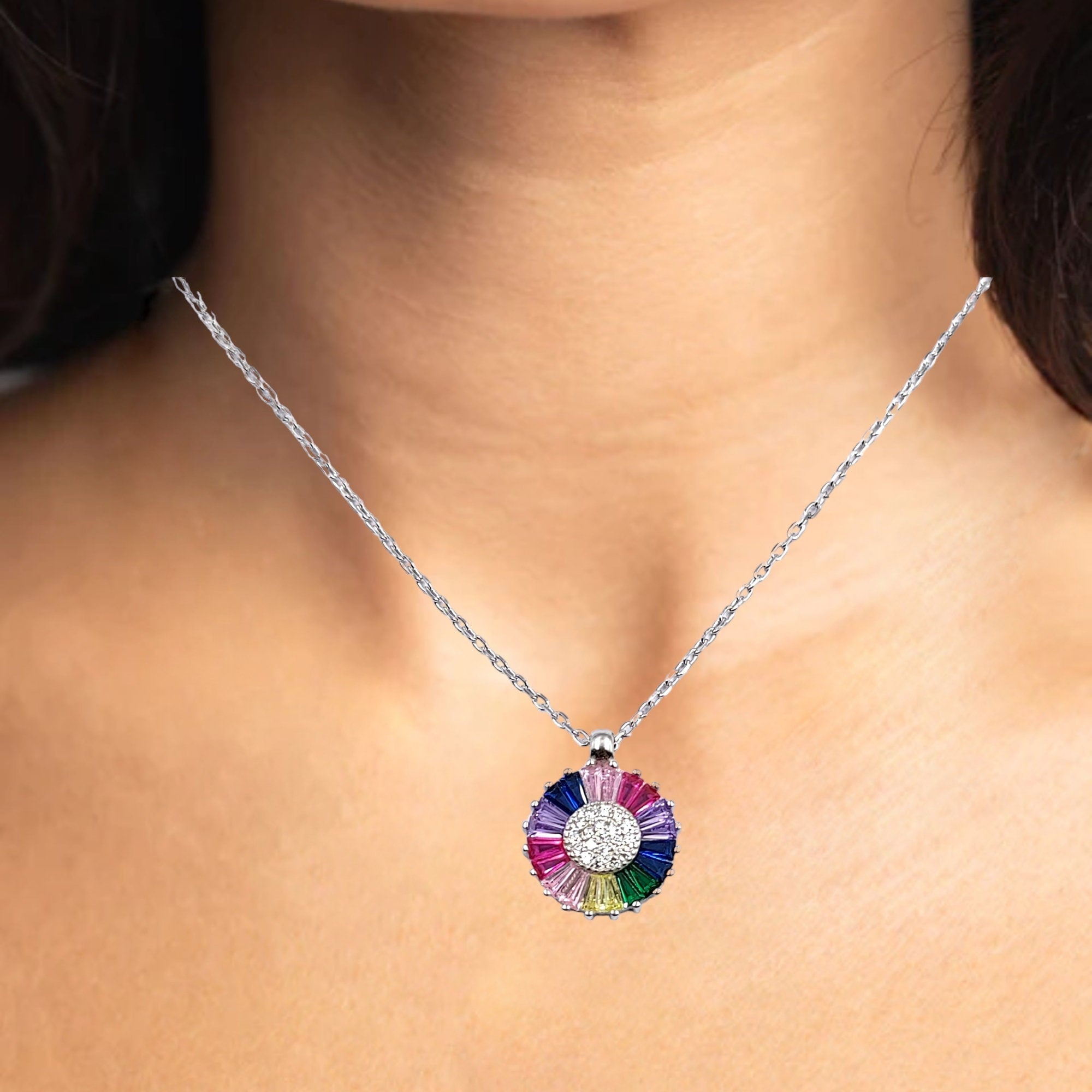 925 Sterling Silver Multi color Cubic Zirconia Floral Pendant Beautiful Necklace set Minimalist Handmade Gift for her