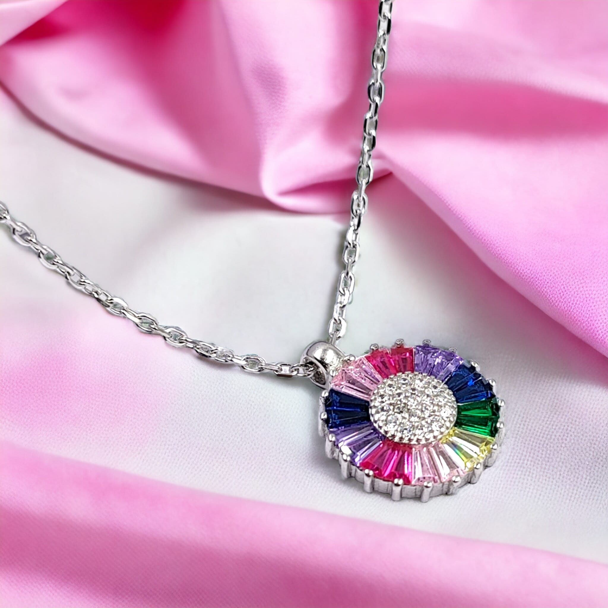 925 Sterling Silver Multi color Cubic Zirconia Floral Pendant Beautiful Necklace set Minimalist Handmade Gift for her