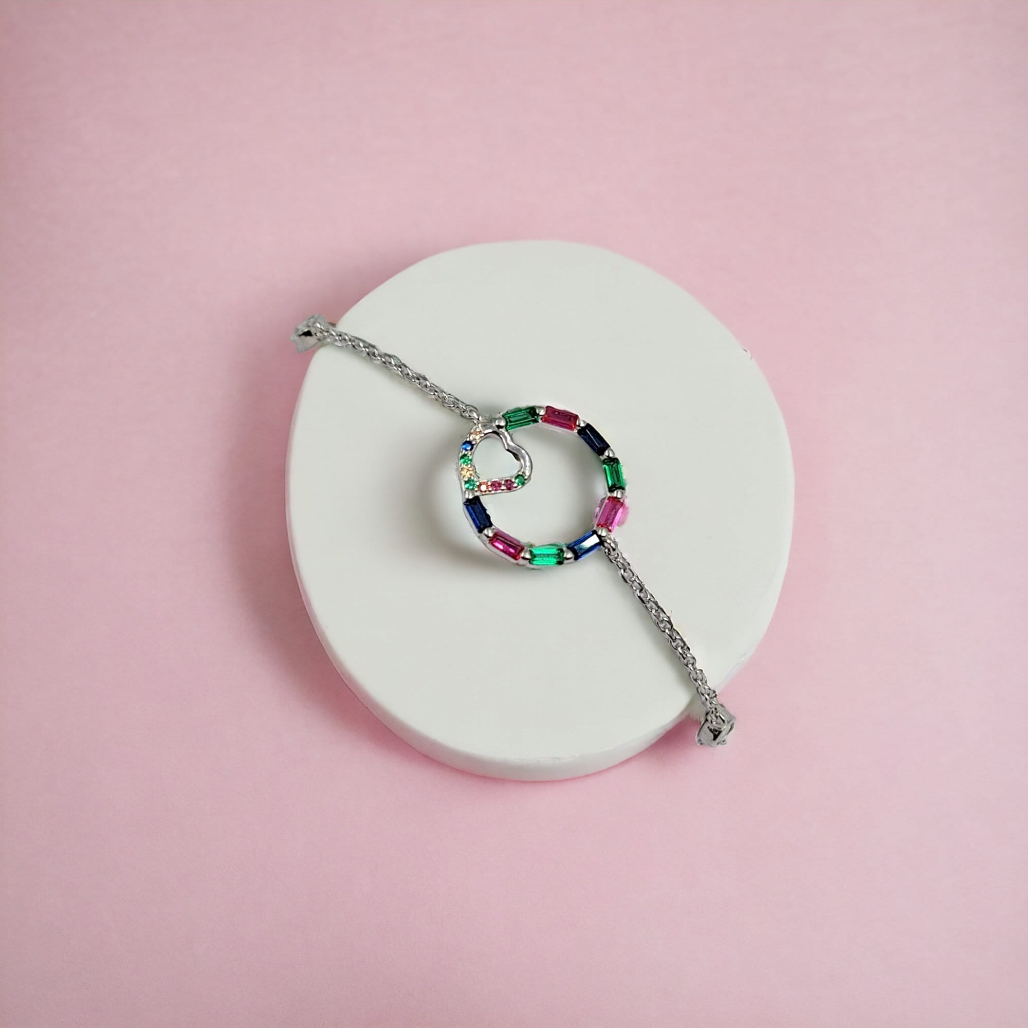 Multi Color Stone Circle with heart 925 Sterling Silver Pretty Minimalist Lovely Bracelet Beautiful Gift for Girlfriend,Daughter,Wife