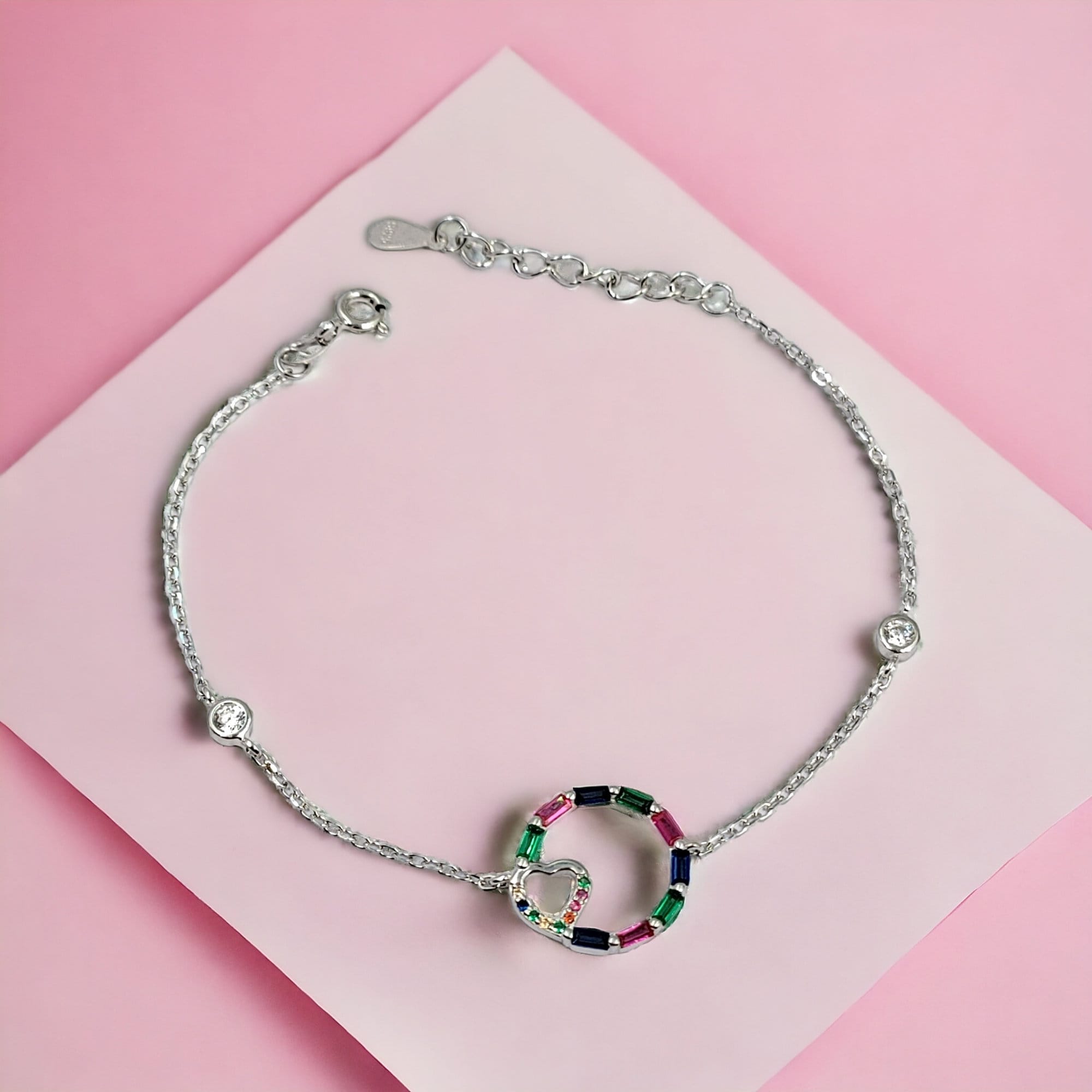 Multi Color Stone Circle with heart 925 Sterling Silver Pretty Minimalist Lovely Bracelet Beautiful Gift for Girlfriend,Daughter,Wife