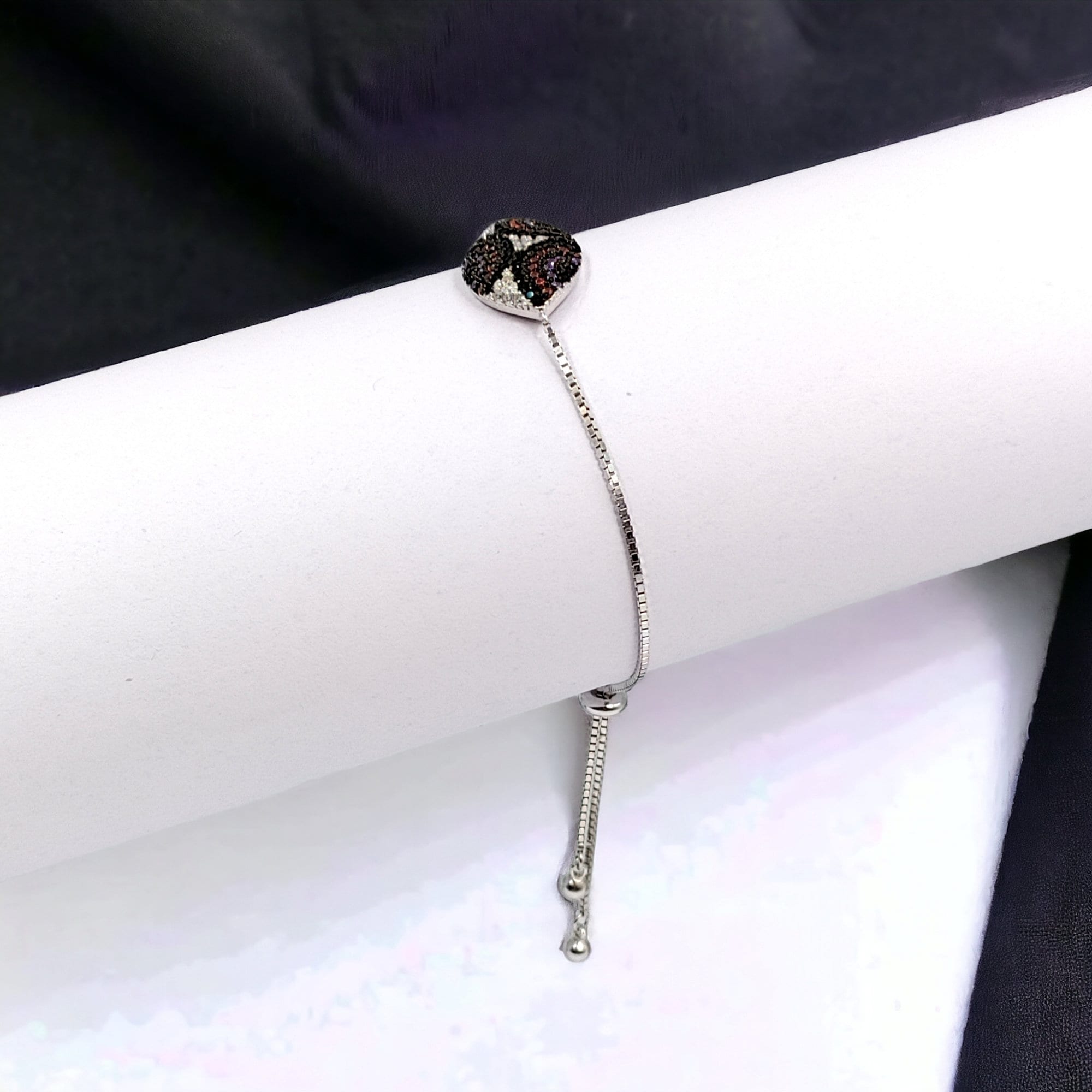 Black Multi Color Stone Solid Silver Pretty Minimalist Adjustable Bracelet Beautiful Gift for Black Lover,Girlfriend,Daughter,Wife