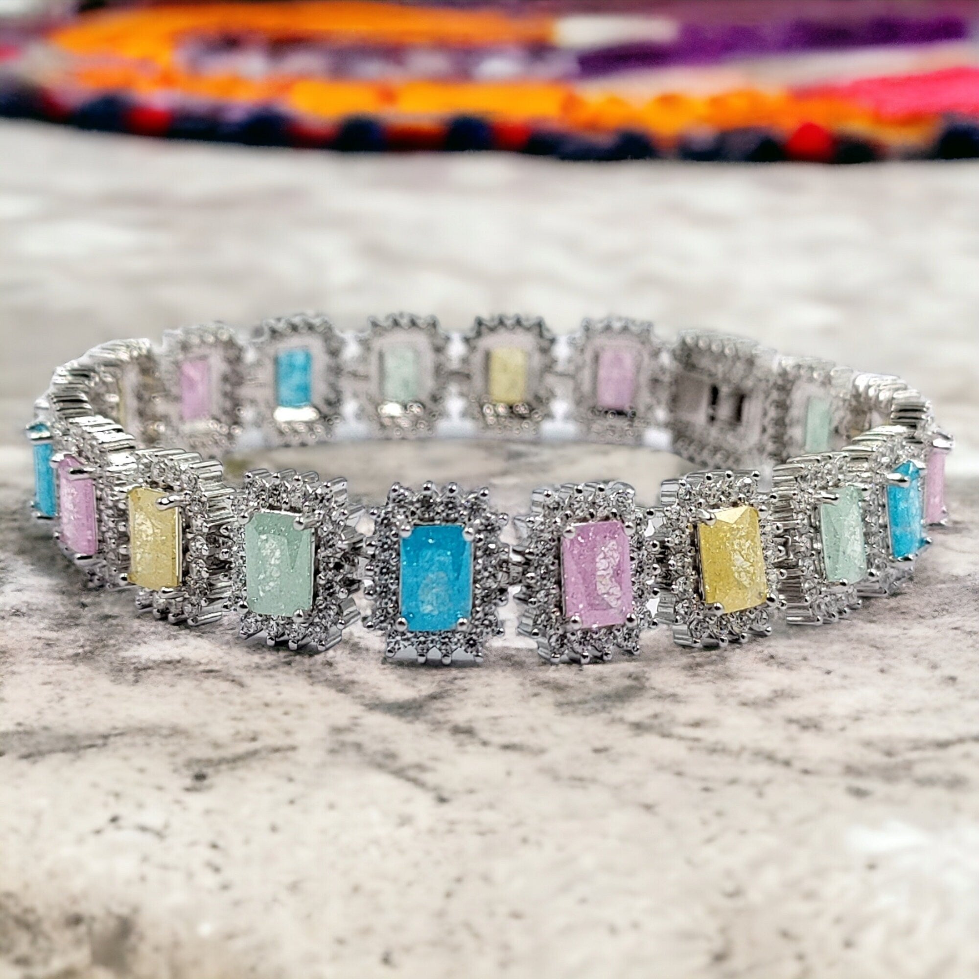 925 Sterling Silver Multi color Stone CZ Royal Tennis Bracelet Stylish Cubic Zirconia Gift for Anniversary,Birthday,Wedding,Girlfriend, Wife