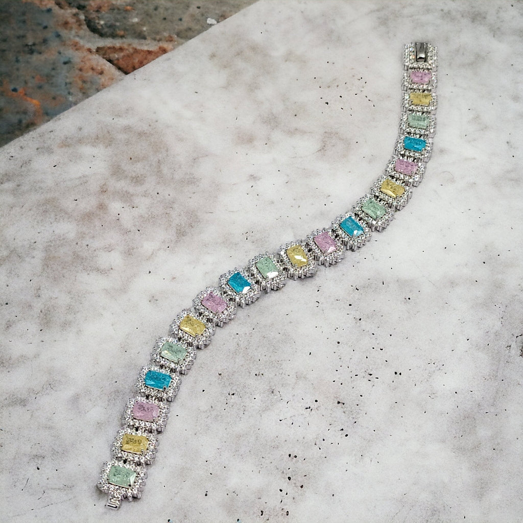925 Sterling Silver Multi color Stone CZ Royal Tennis Bracelet Stylish Cubic Zirconia Gift for Anniversary,Birthday,Wedding,Girlfriend, Wife