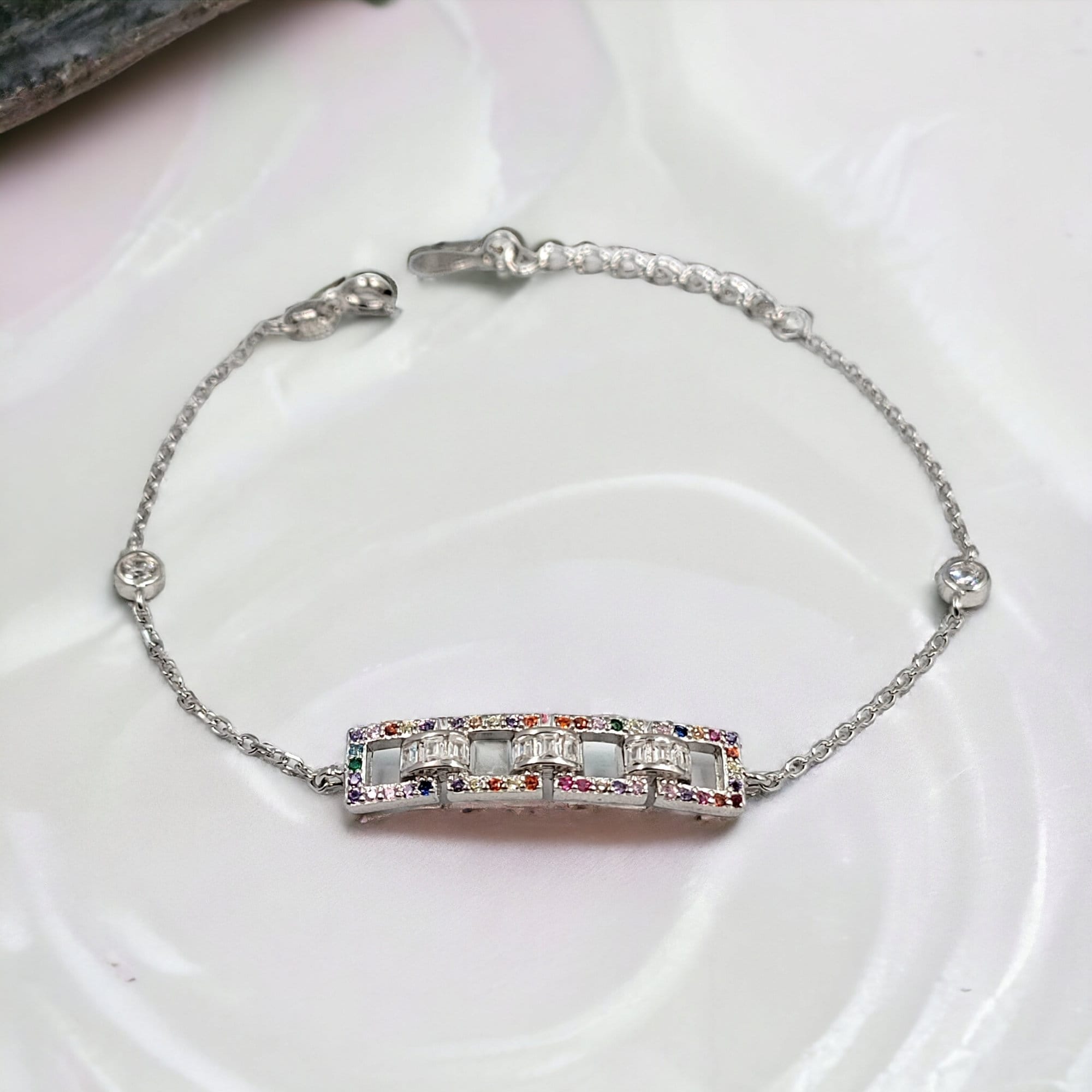 Solid Silver Multi color Stone CZ Pretty Tennis Bracelet Stylish Cubic Zirconia Art Gift for Anniversary,Birthday,Wedding,Girlfriend, Wife