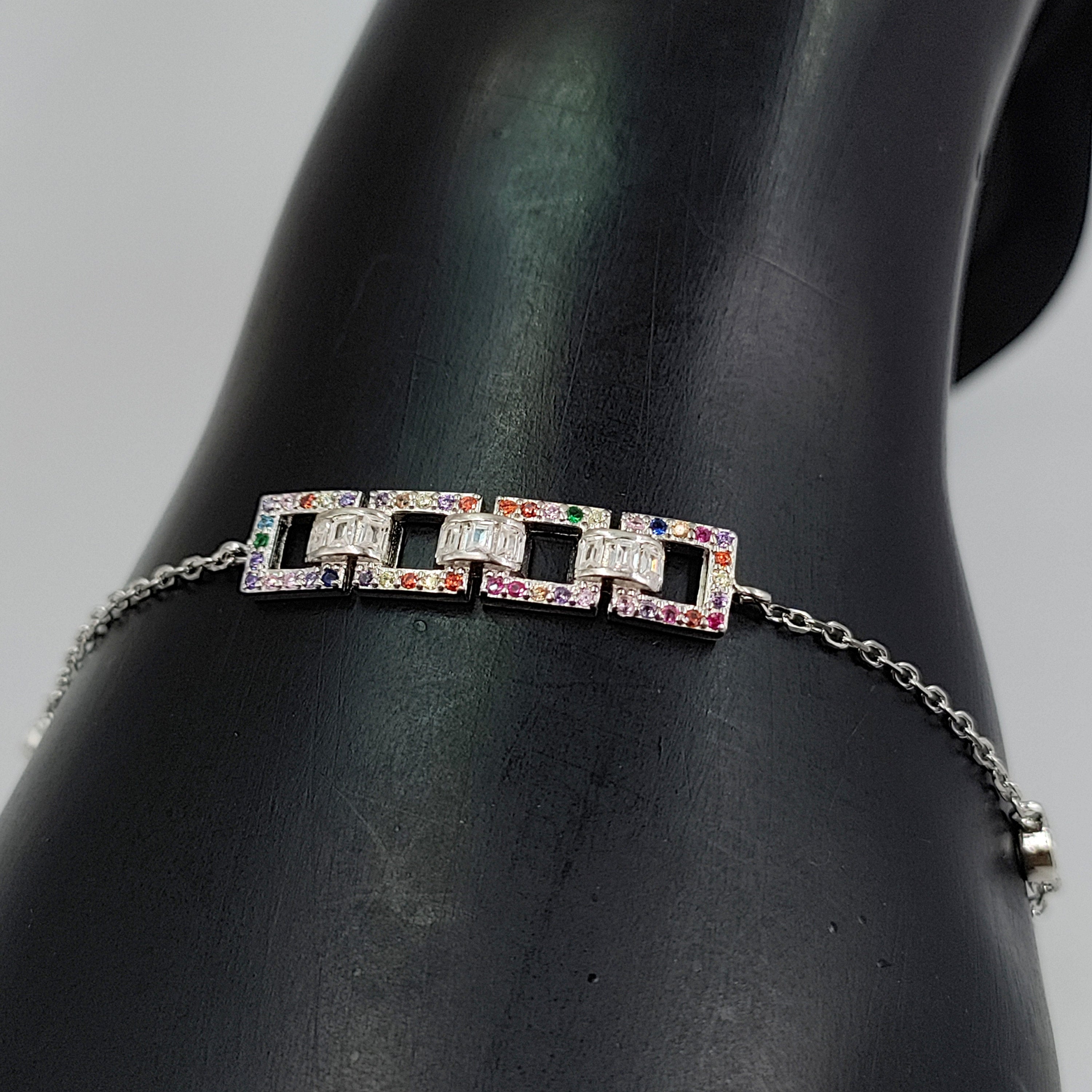 Solid Silver Multi color Stone CZ Pretty Tennis Bracelet Stylish Cubic Zirconia Art Gift for Anniversary,Birthday,Wedding,Girlfriend, Wife