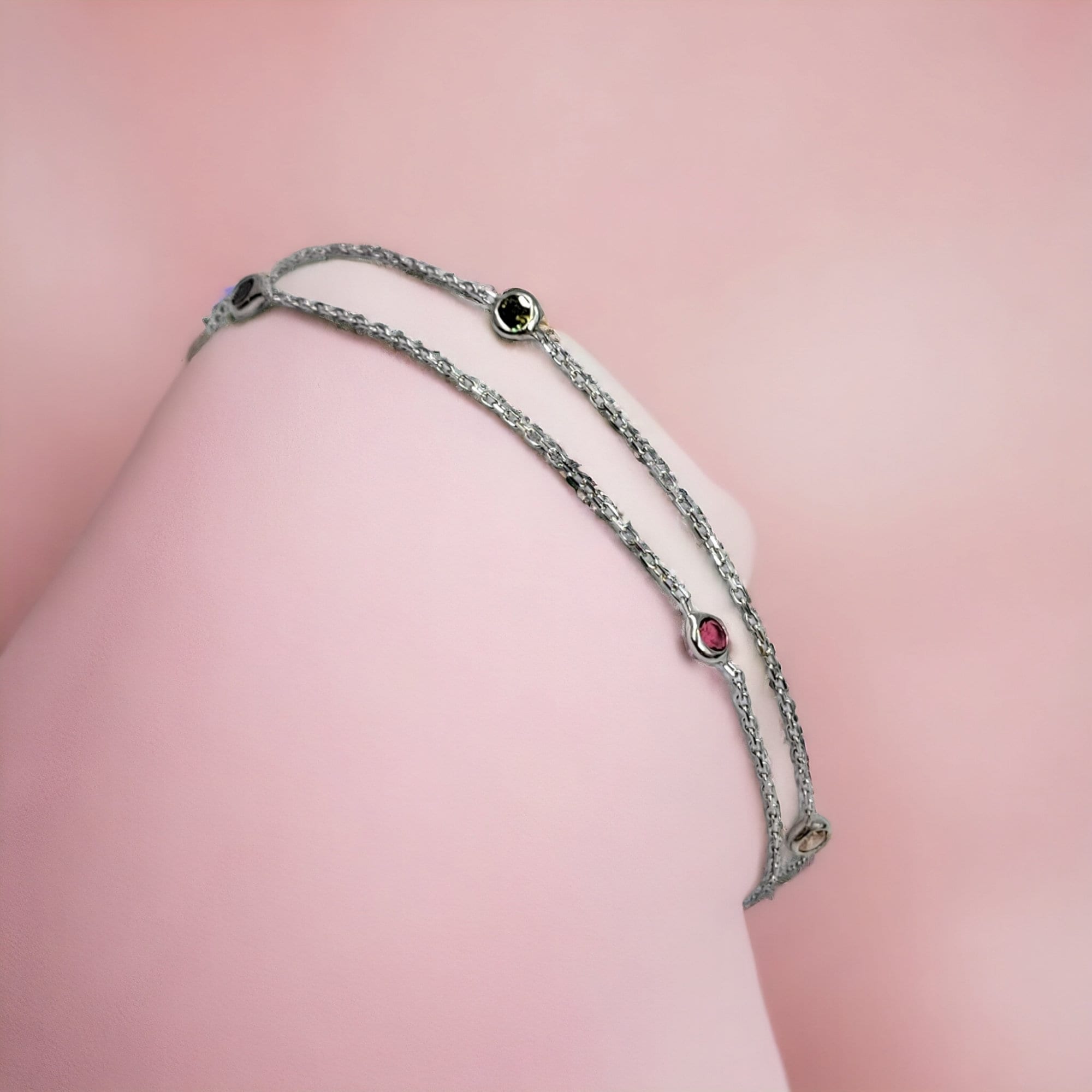 Multi Color Stone 925 Sterling Silver Pretty Minimalist Chain link Double layer Bracelet Beautiful Gift for Girlfriend,Daughter,Wife