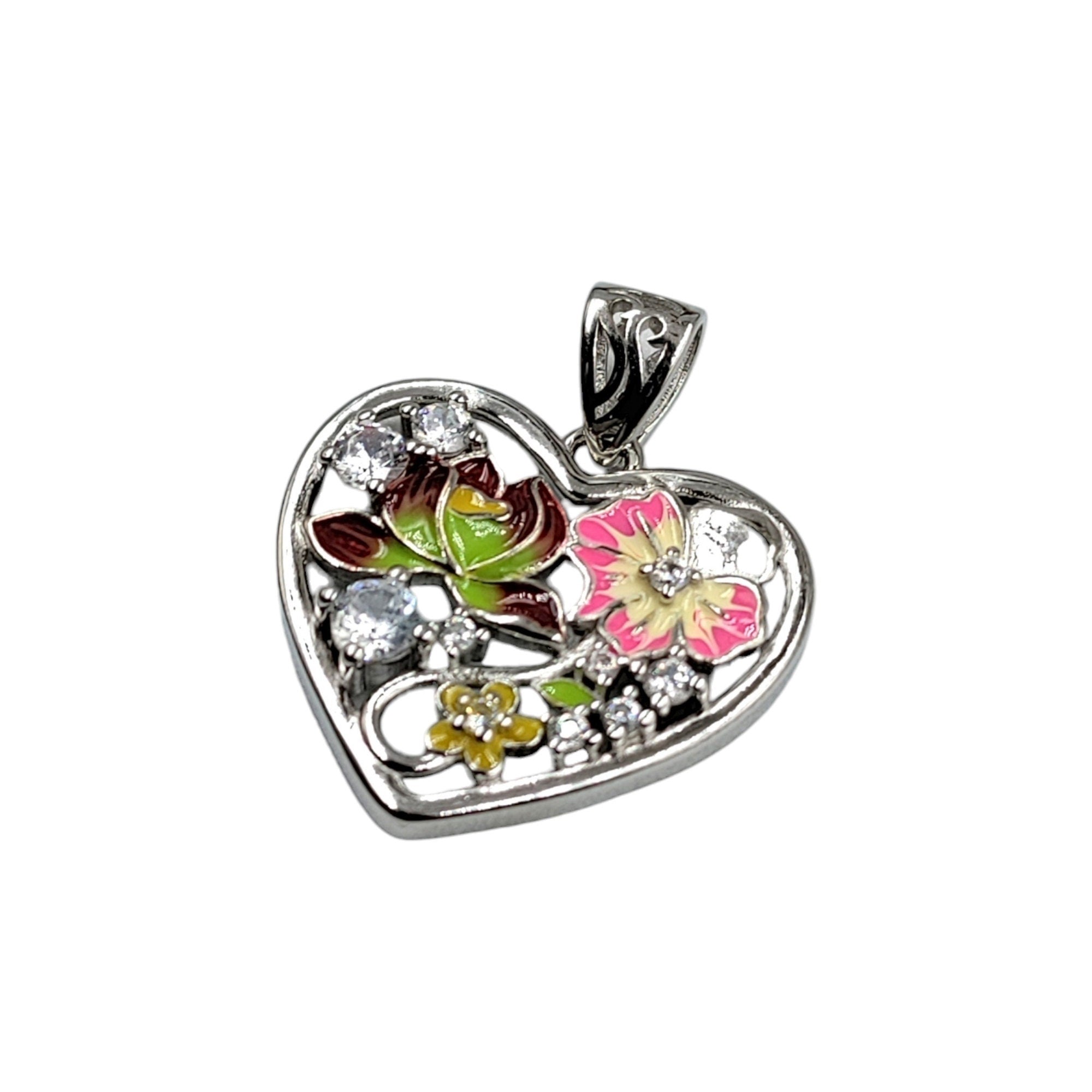 Red Green color Heart Shape Pendant 925 Sterling Silver Beautifully Crafted Enamel Pendant Floral CZ Jewelry Cute Handmade Bridesmaid Jewellery