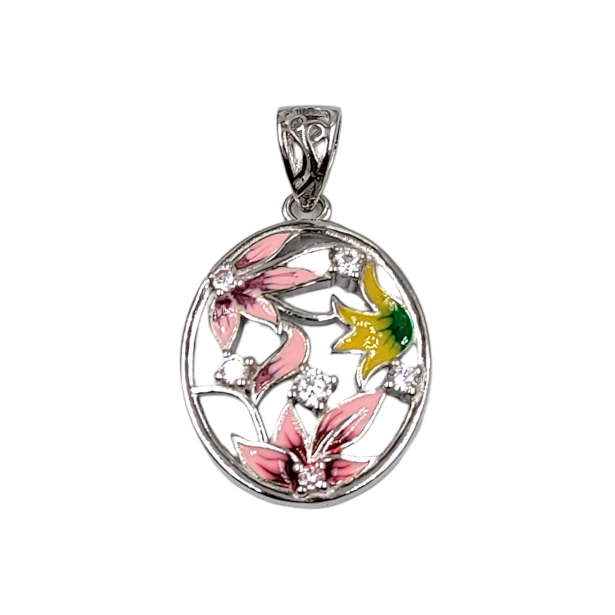 Pretty Flower Design Pendant 925 Sterling Silver Pendant Oval Shape Enamel Pendant with CZ Diamonds Handmade Jewellery,Daughter,Mother