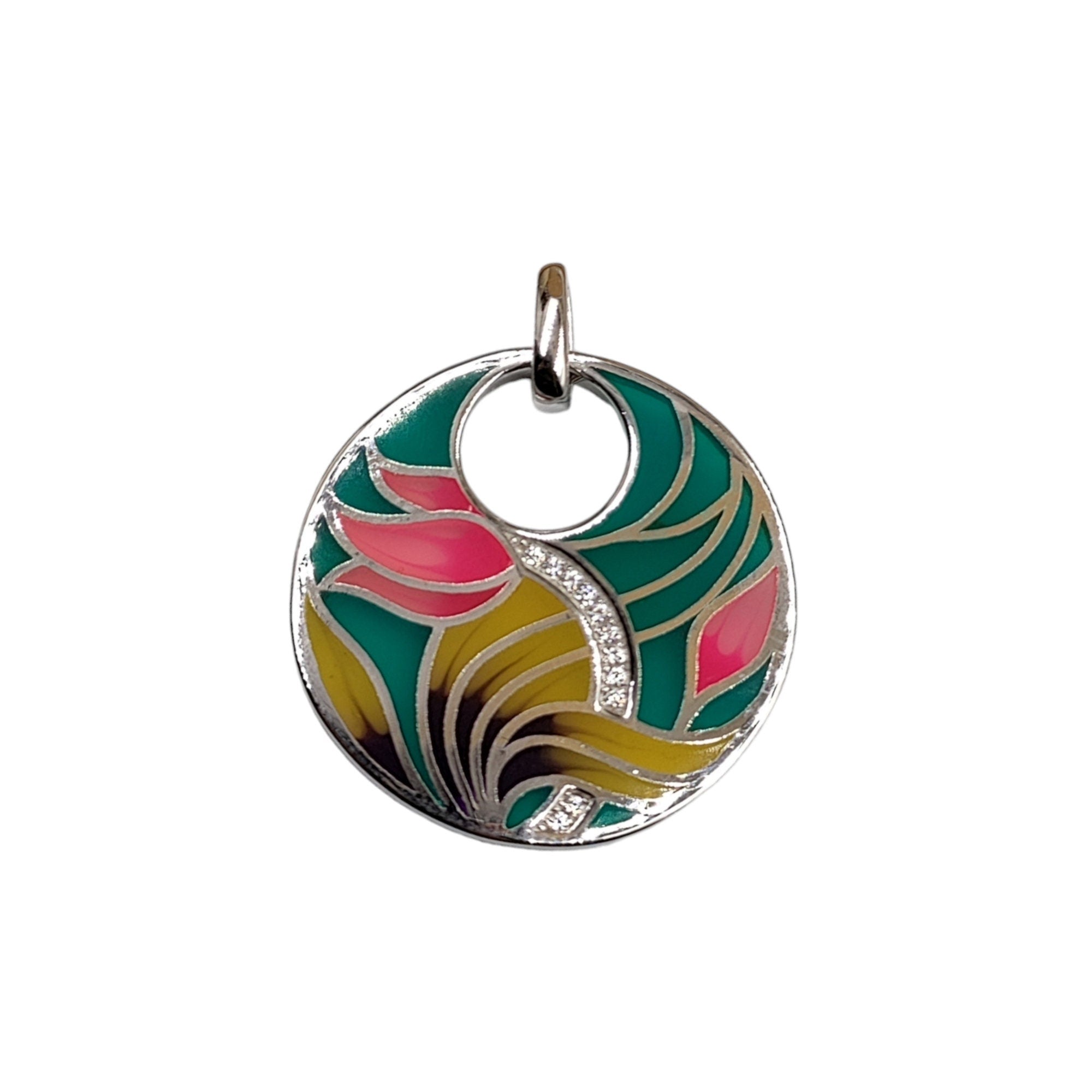 Multicolor Round Enamel Pendant 925 Sterling Silver Beautiful Handcrafted Floral art jewelry