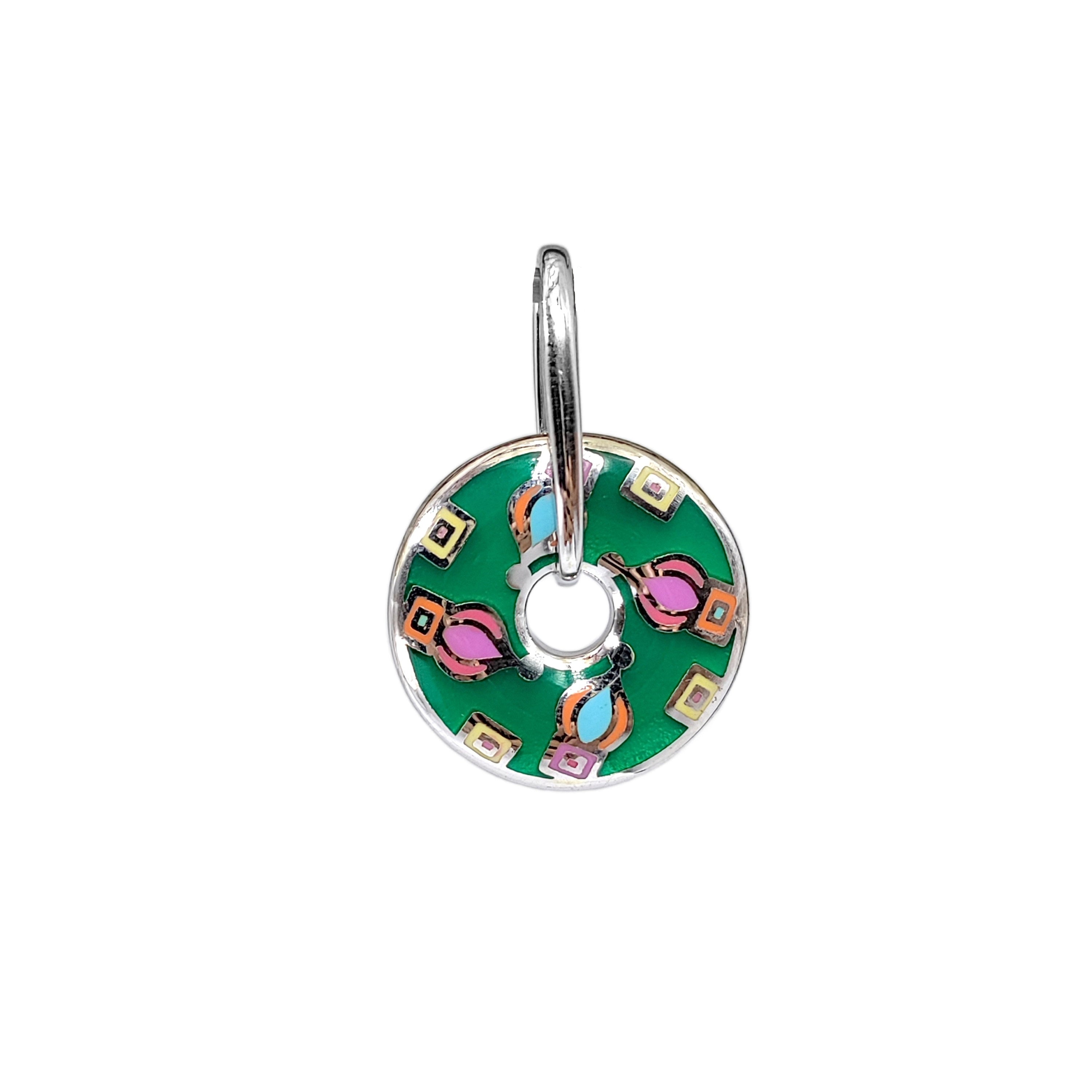 925 Sterling Silver Green Art Design Enamel Pendant Round Shape Handmade jewelry