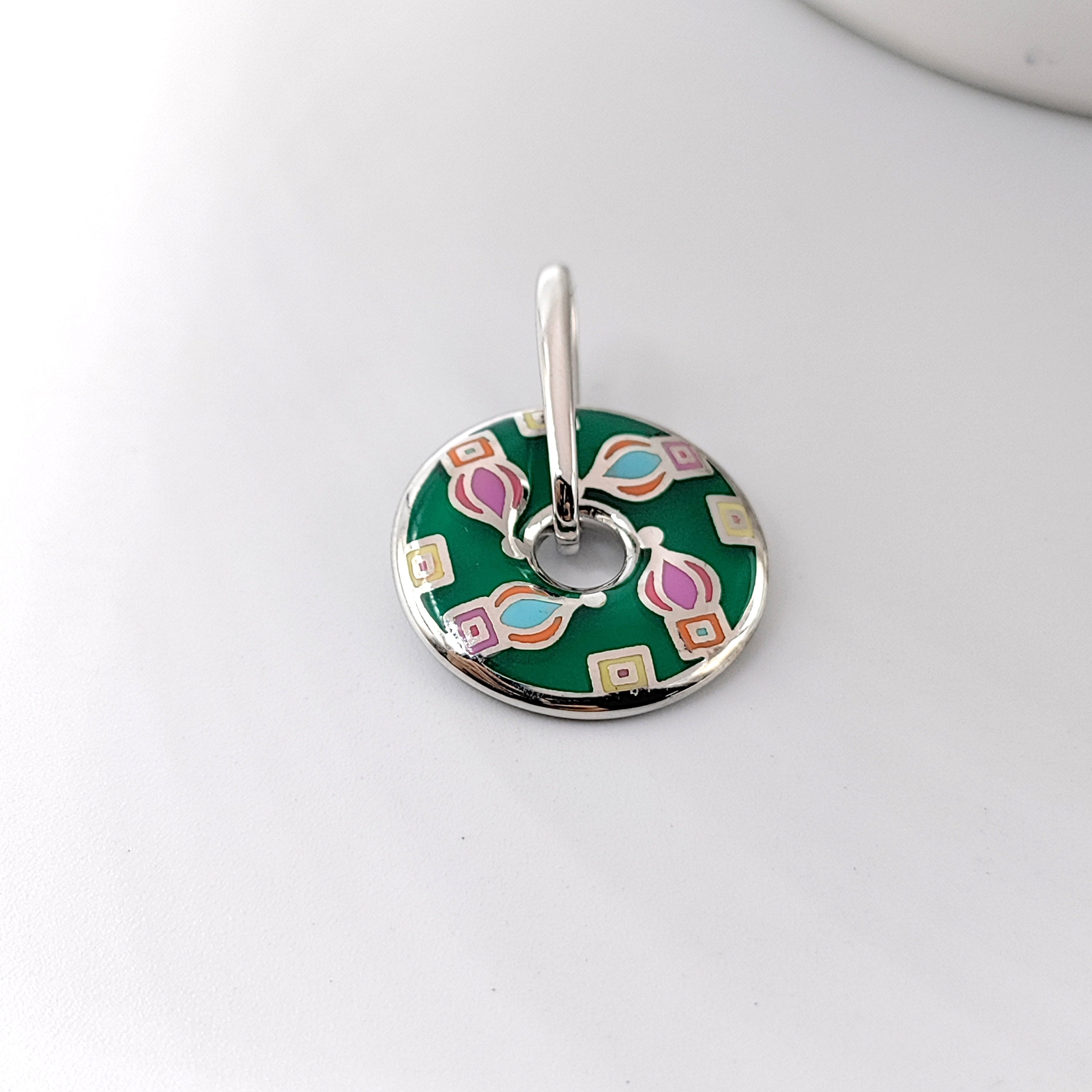 925 Sterling Silver Green Art Design Enamel Pendant Round Shape Handmade jewelry