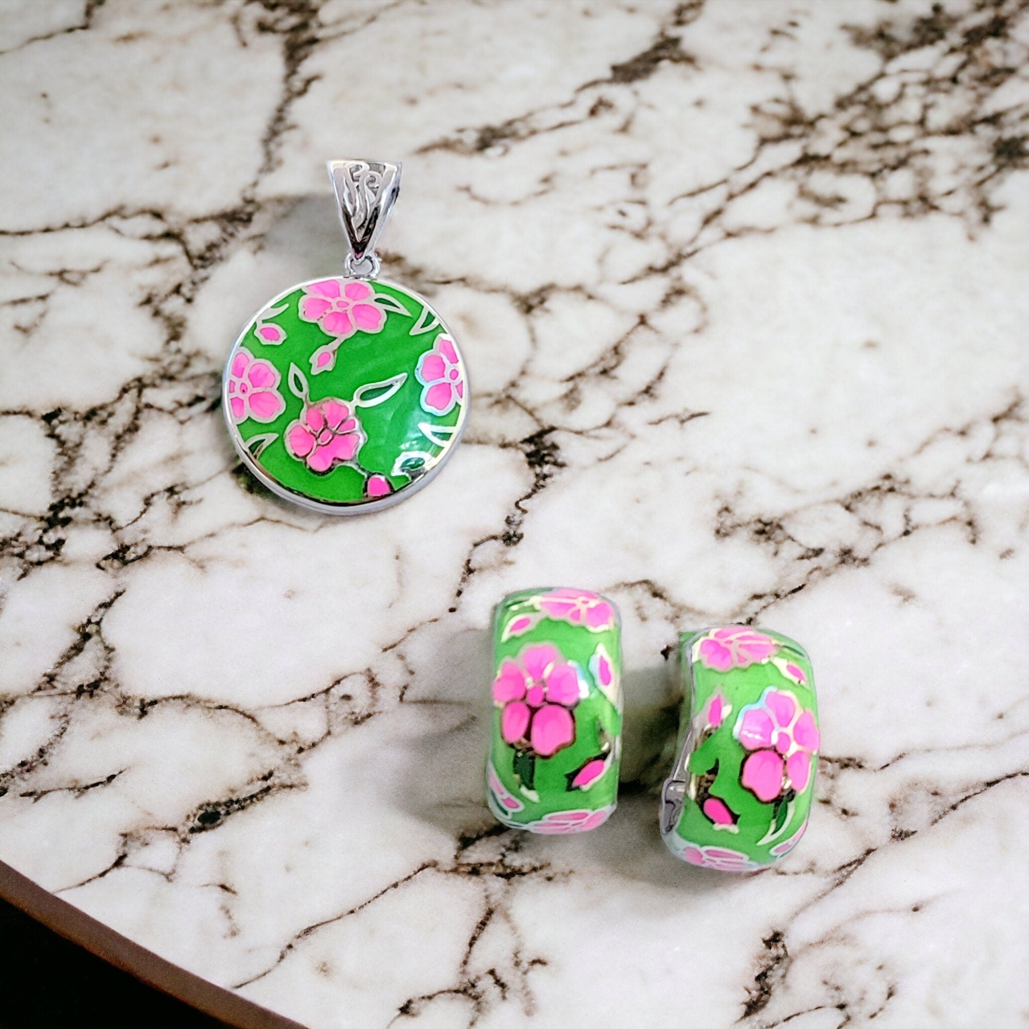 Blooming Green and Pink Pendant with English Lock Earrings 925 Sterling Silver Enamel CZ Set Cubic Floral Design Minimalist Handmade Gift