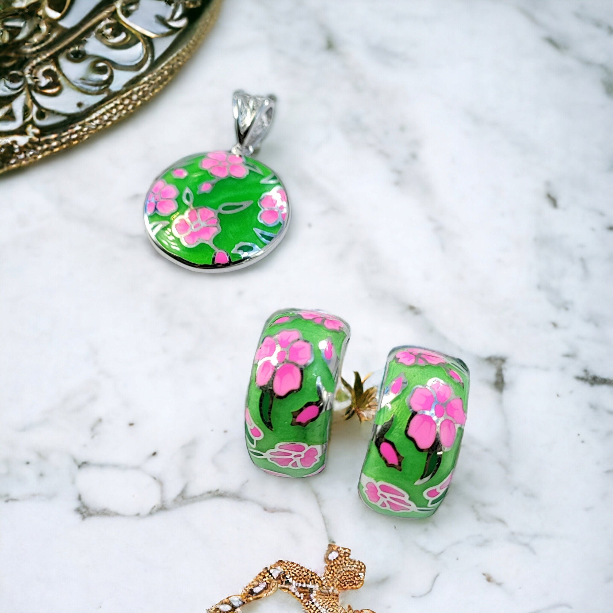 Blooming Green and Pink Pendant with English Lock Earrings 925 Sterling Silver Enamel CZ Set Cubic Floral Design Minimalist Handmade Gift
