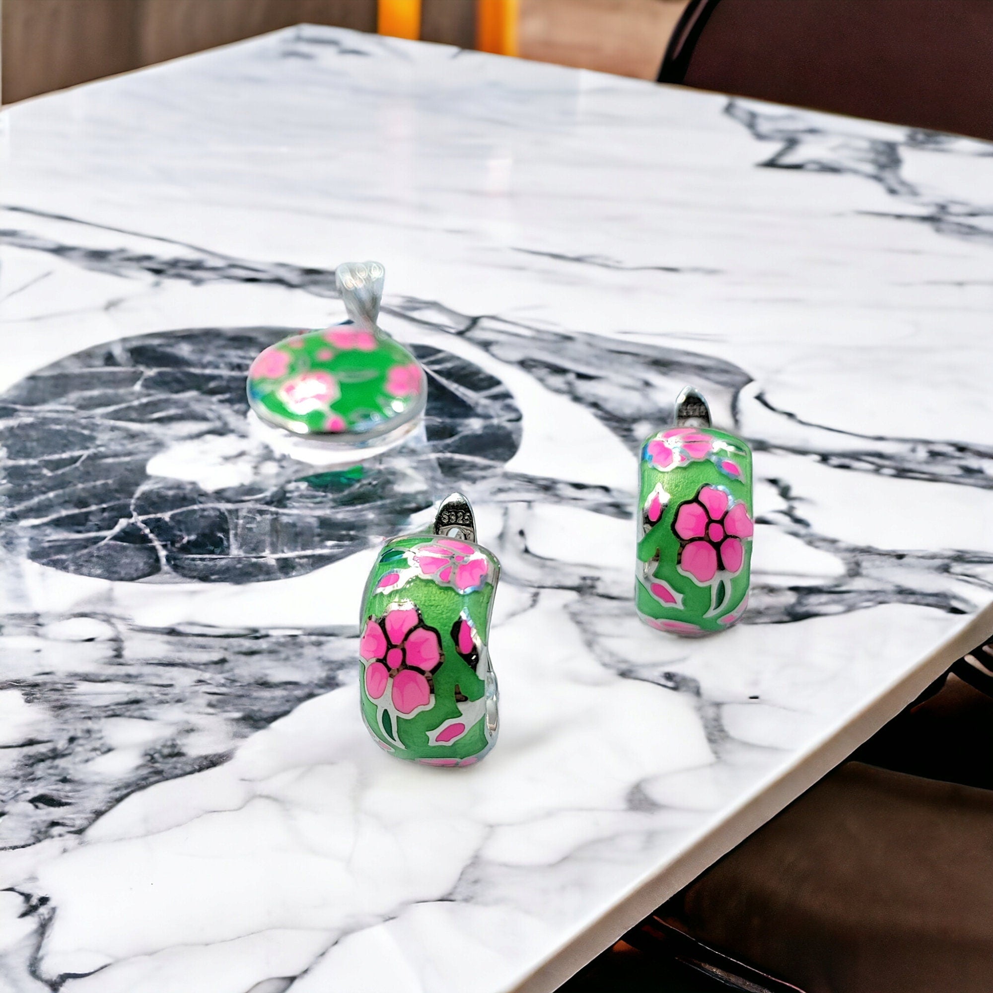 Blooming Green and Pink Pendant with English Lock Earrings 925 Sterling Silver Enamel CZ Set Cubic Floral Design Minimalist Handmade Gift