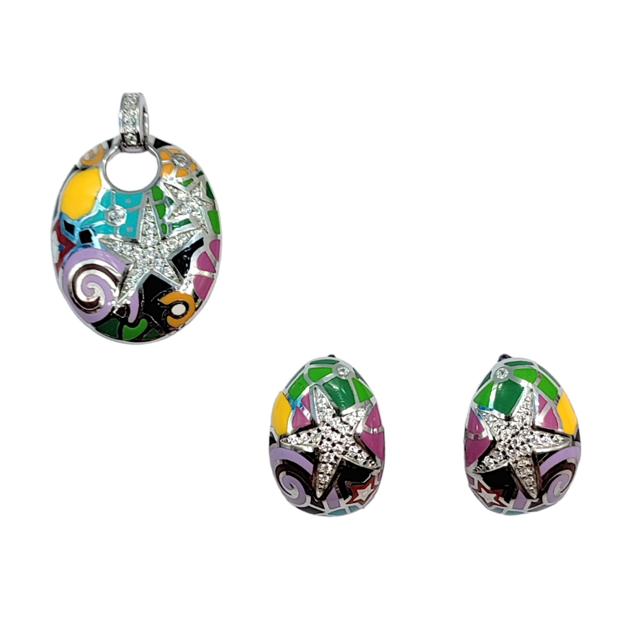 Luxury Fine Jewelry CZ Star With Multicolor enamel Pendant with English Lock Earrings 925 Sterling Silver Set Minimalist Handmade Gift