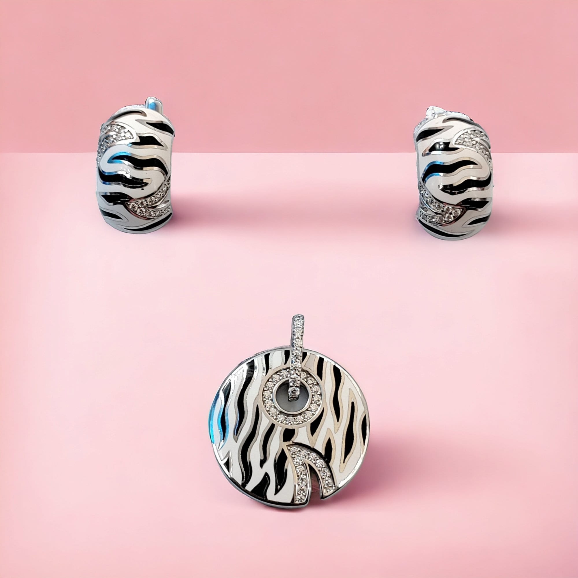 925 Sterling Silver Black and White Strips Pendant Earring Set With Pave Set CZ Stones Luxury Enamel Fine Jewelry Minimalist Handmade Gift