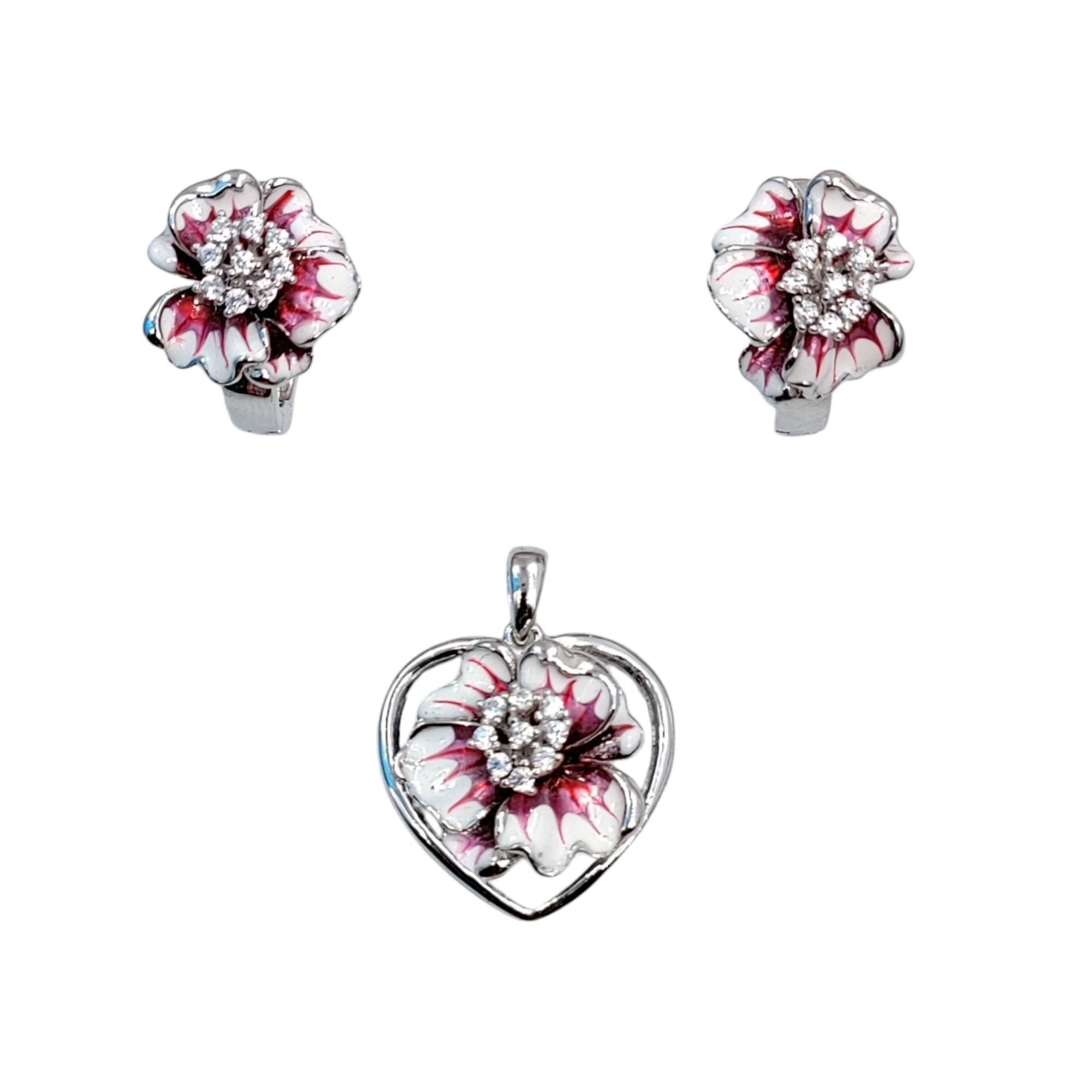 925 Sterling Silver Heart Shape Pendant With English Lock Earring Set CZ Stones Enameled Flower Design Jewellery Minimalist Handmade Gift
