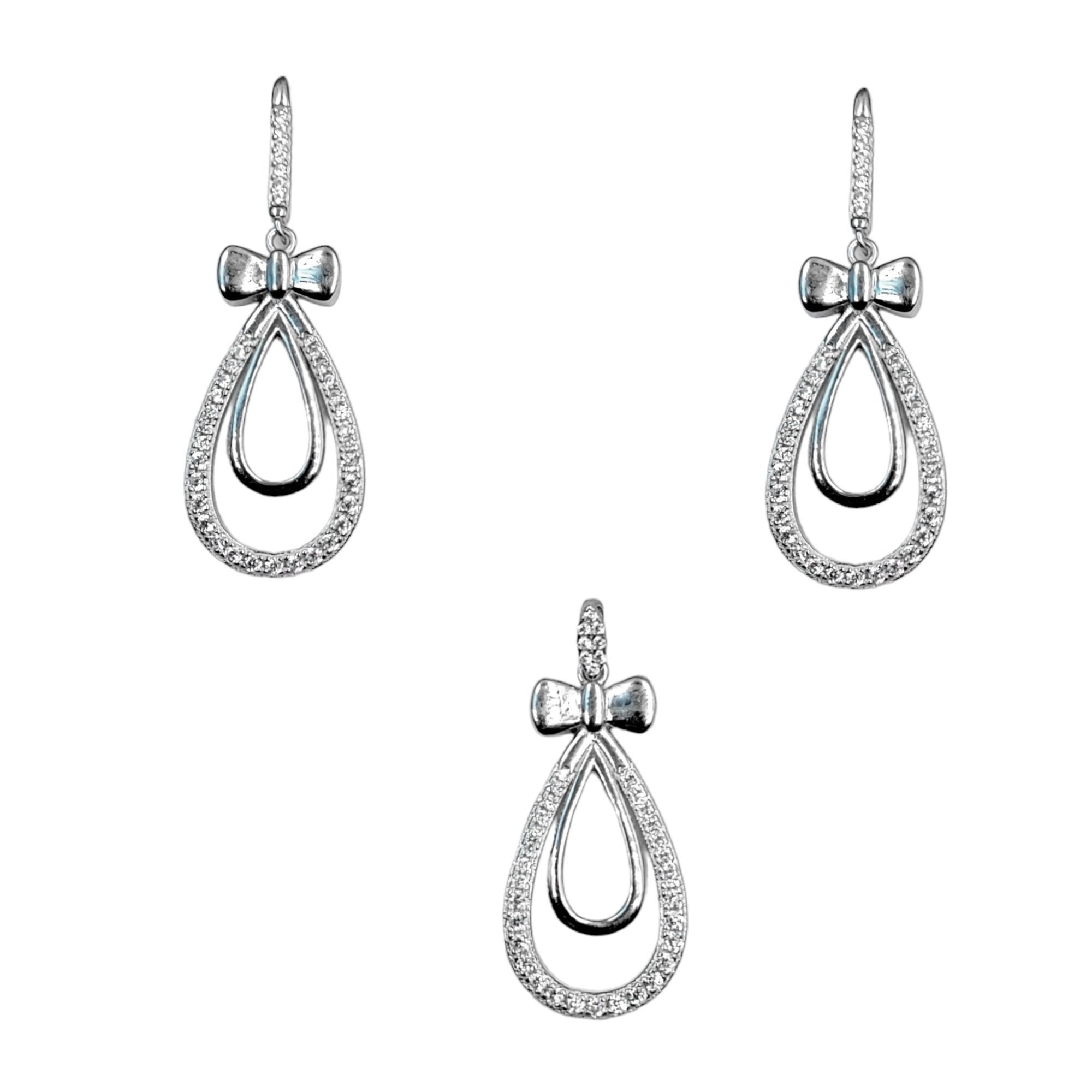 925 Sterling Silver Pear Shape Ribbon Bow with Tear Drop Design Round CZ Stone Drop Dangle Earrings Minimalist Handmade Wedding Gift