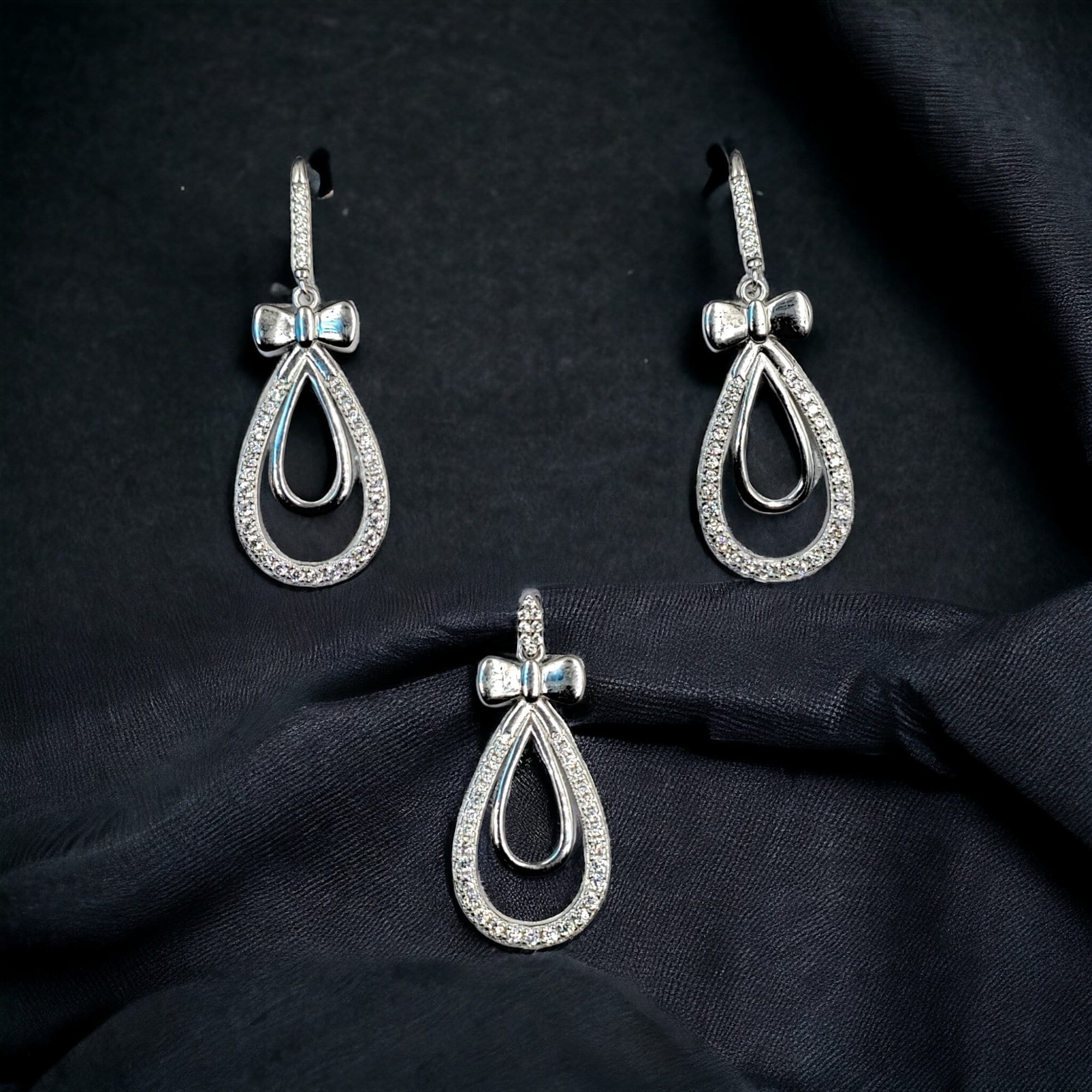 925 Sterling Silver Pear Shape Ribbon Bow with Tear Drop Design Round CZ Stone Drop Dangle Earrings Minimalist Handmade Wedding Gift