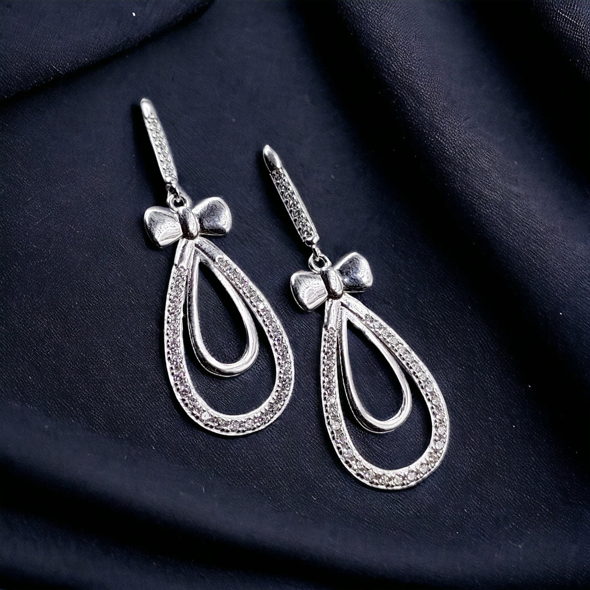 925 Sterling Silver Pear Shape Ribbon Bow with Tear Drop Design Round CZ Stone Drop Dangle Earrings Minimalist Handmade Wedding Gift