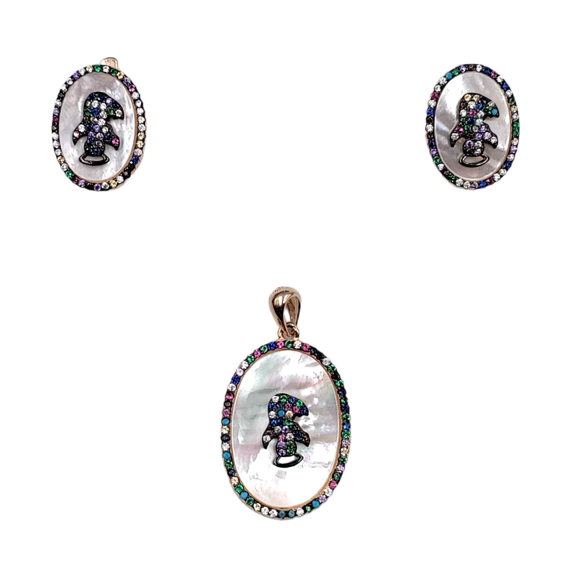 925 Sterling Silver Multicolor Cubic Zirconia Oval Shape Pendant Earring with English Lock Set Minimalist Handmade Gift