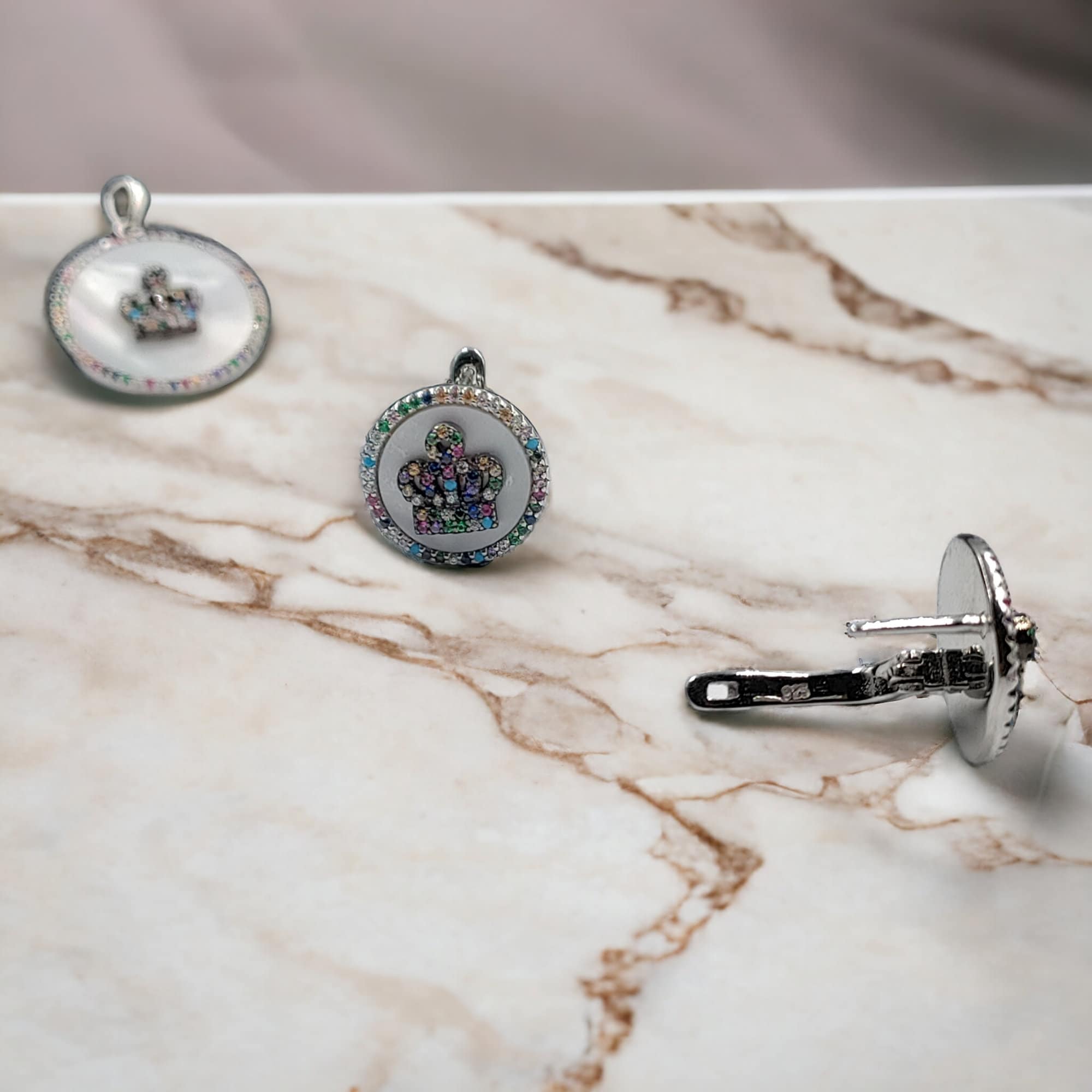 925 Sterling Silver Multicolor Cubic Zirconia Mini Crown Circle Shape Pendant Earring with English Lock Set Minimalist Handmade Gift