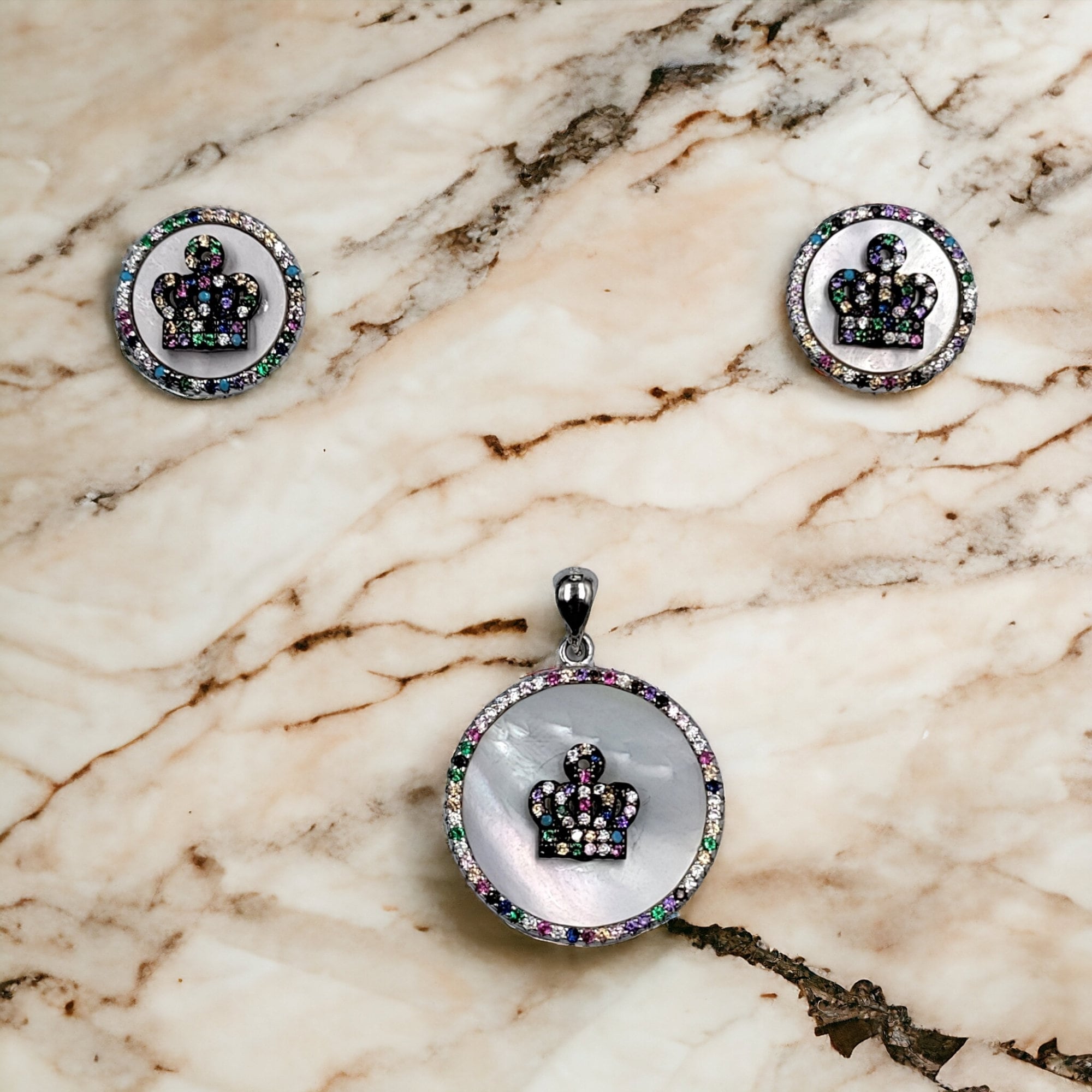 925 Sterling Silver Multicolor Cubic Zirconia Mini Crown Circle Shape Pendant Earring with English Lock Set Minimalist Handmade Gift