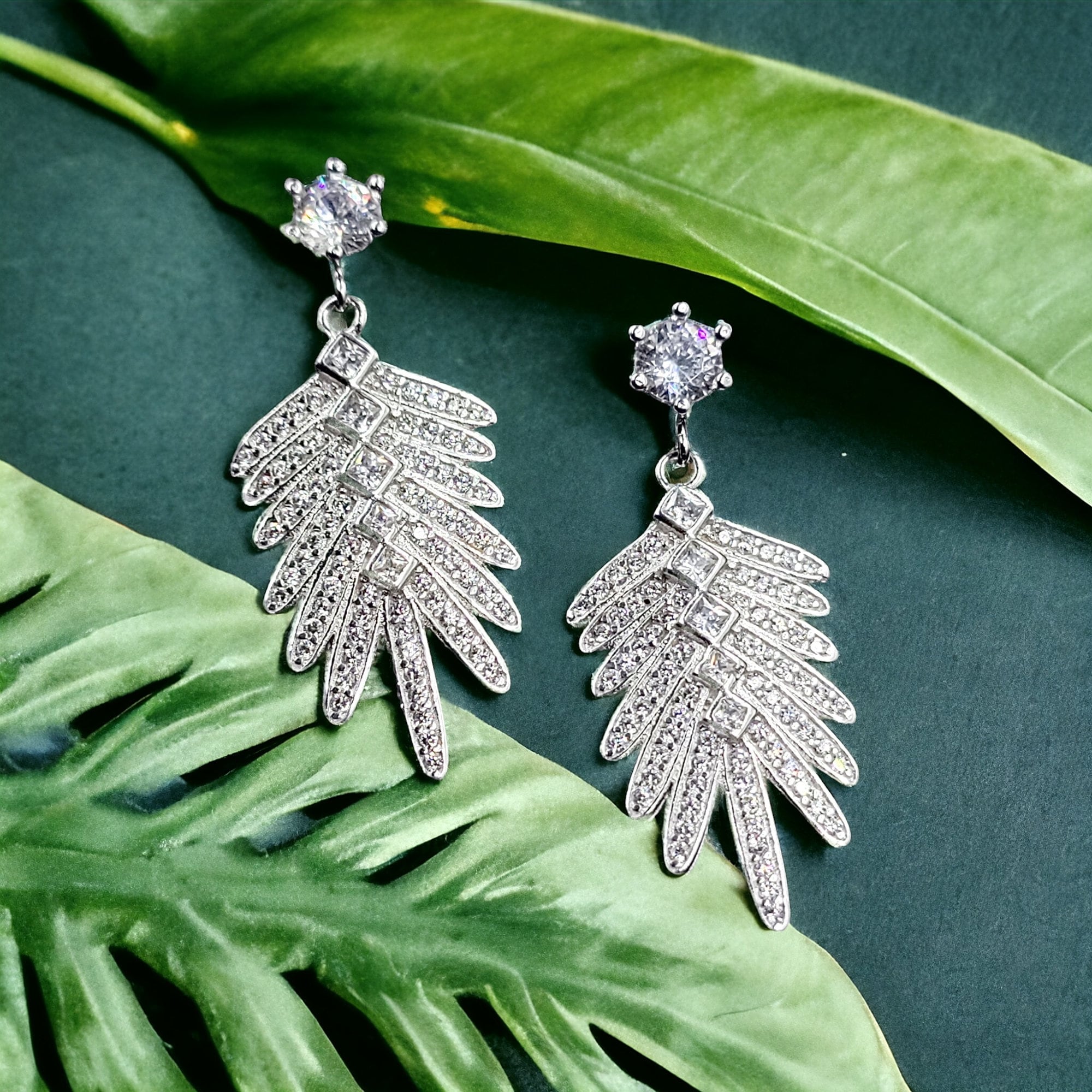 Feather Dangle Drop Earrings with Pendant 925 Sterling Silver Water Drop Sparkling Cubic Zirconia Minimalist Handmade Enagagment Gift