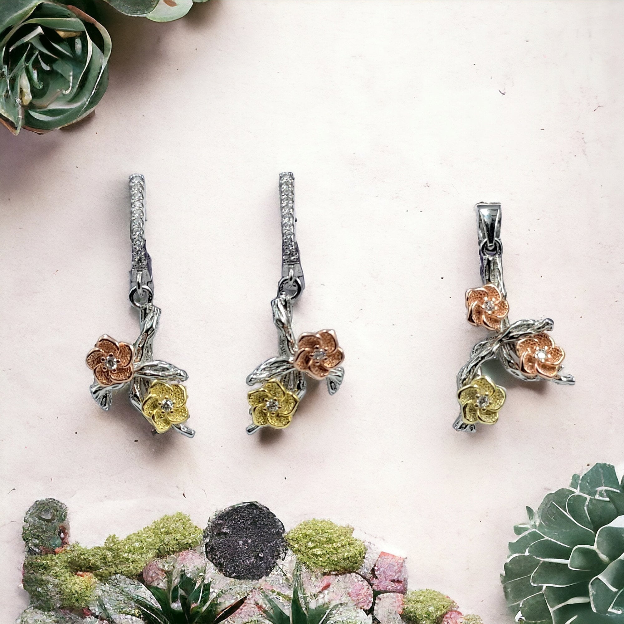 Minimalist Pretty Floral Rose Dangle Drop Earrings With English Lock and Pendant Set 925 Sterling Silver Handmade Gift