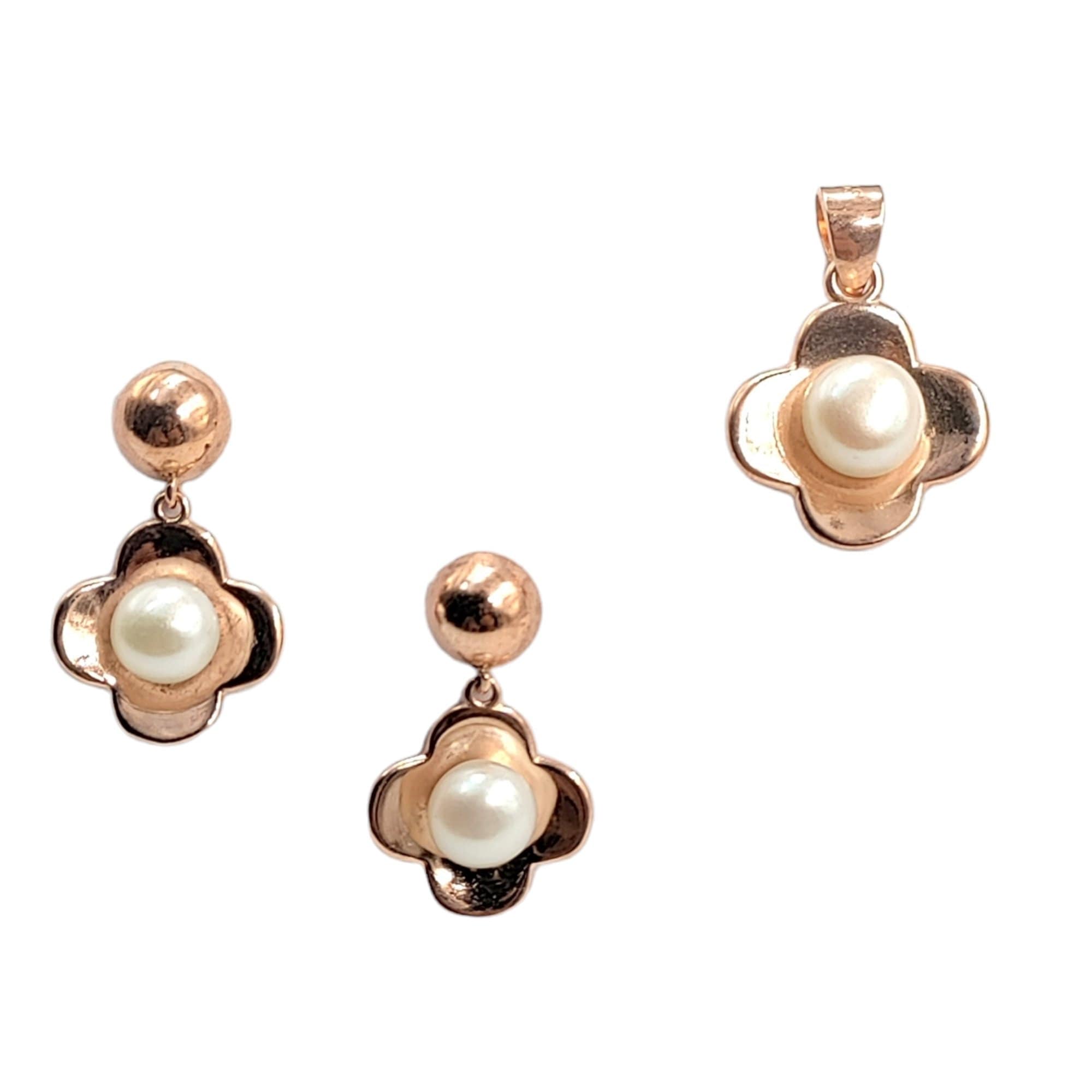 925 Sterling Silver Rose Gold Color with Pearl Flower Pretty Drop Earrings and Pendant Set Minimalist Handmade Gift