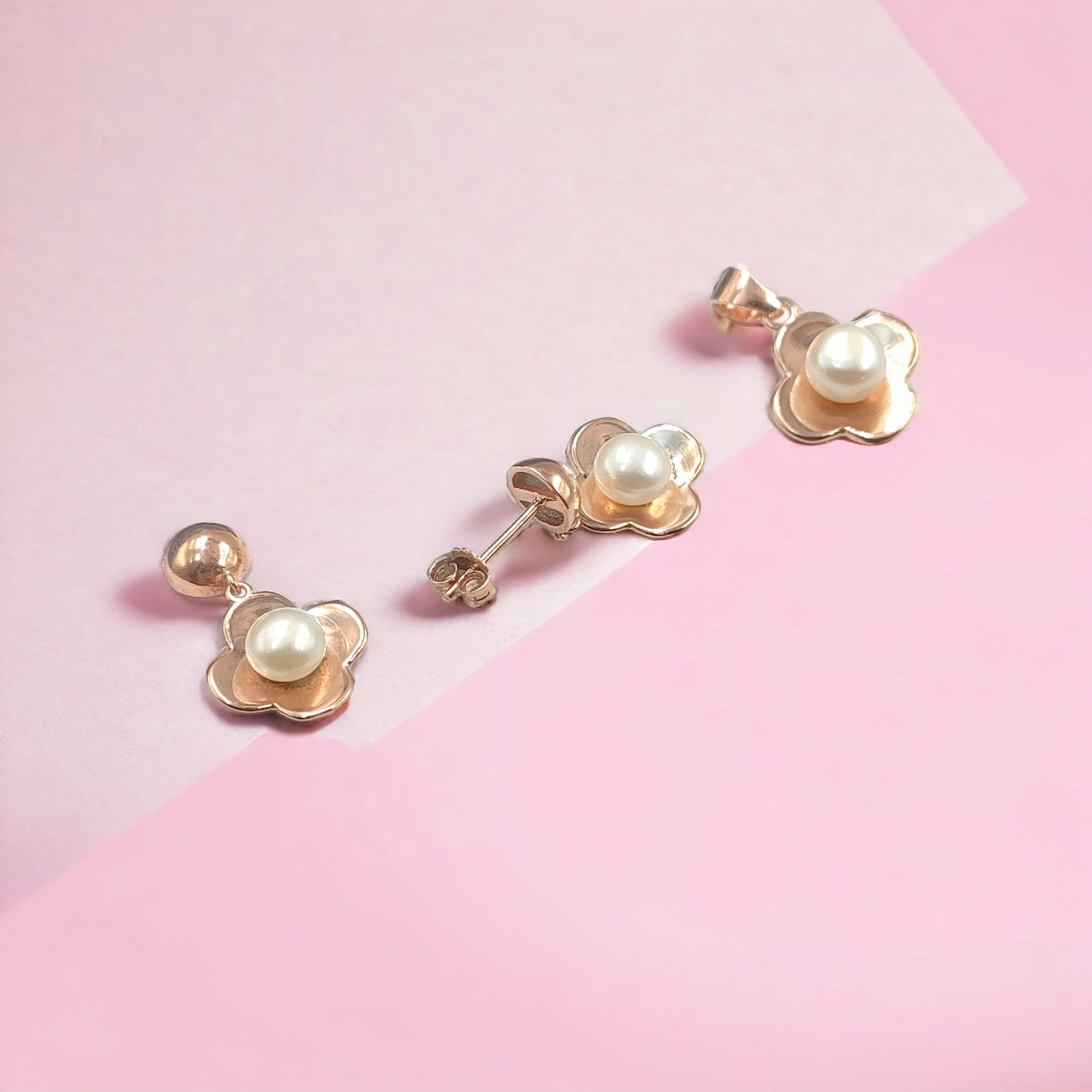 925 Sterling Silver Rose Gold Color with Pearl Flower Pretty Drop Earrings and Pendant Set Minimalist Handmade Gift